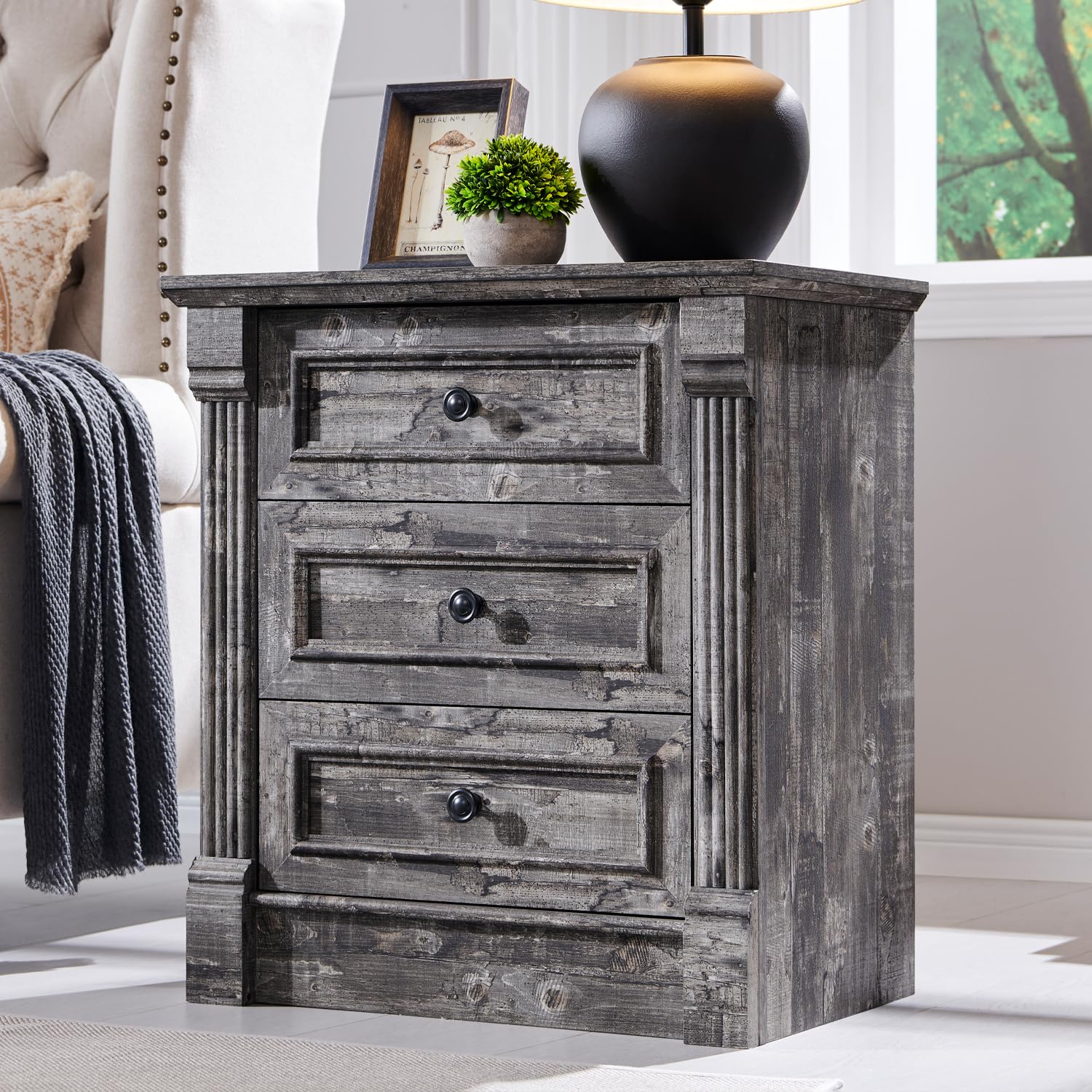 26" Tall Nightstand with Charging Station, Farmhouse 23.6" Wide Large End Table w/Roman Column, Wood Rustic Side Table w/Metal Handle, 3 Drawers Dresser for Bedroom, Living Room, White