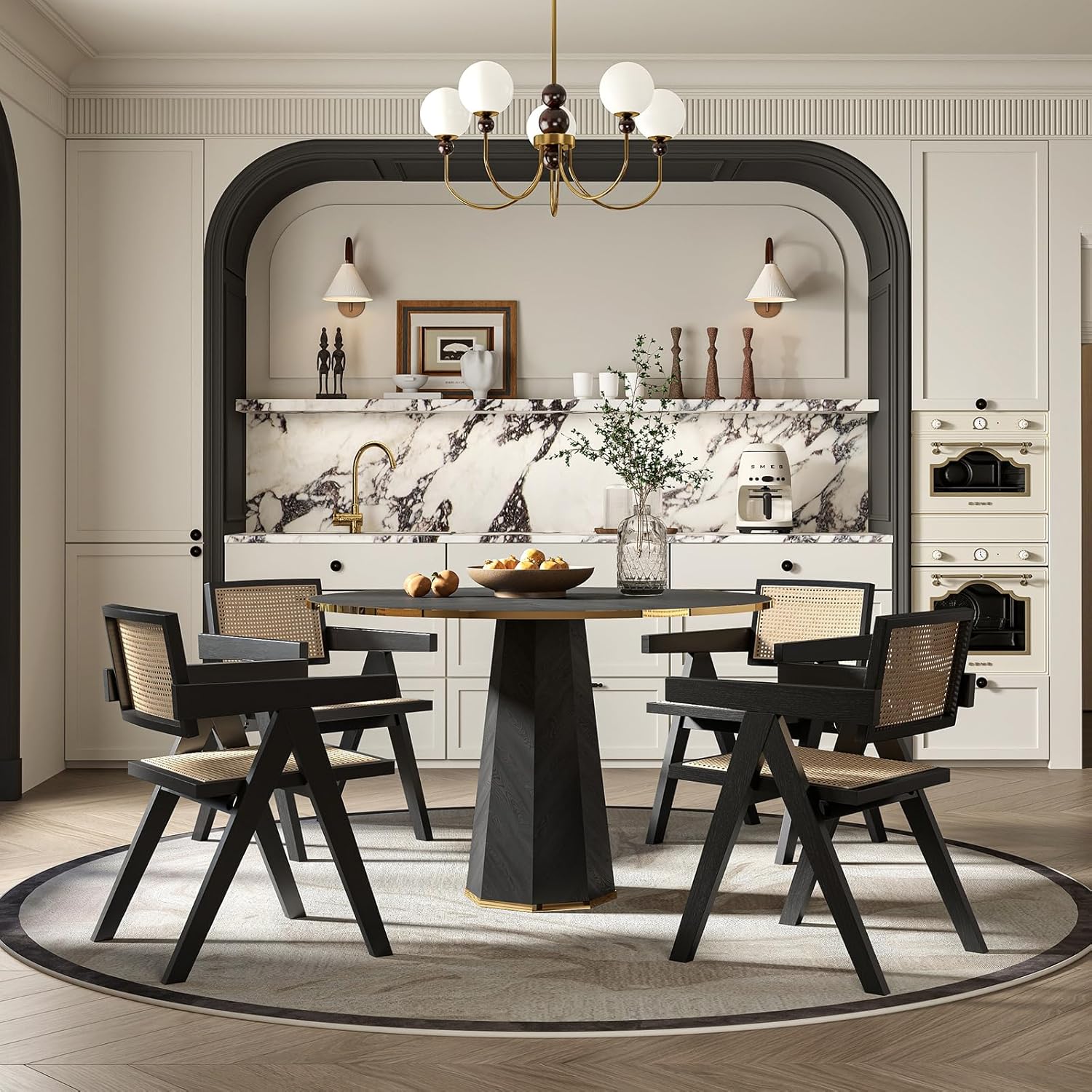 Rattan Dining Chairs Set of 4, Mid Century Modern Dining Room Chairs Wicker Armchair Comfy Side Chair Black Wood Boho Kitchen Cane Side Chairs with Arms for Dining Room Bistro