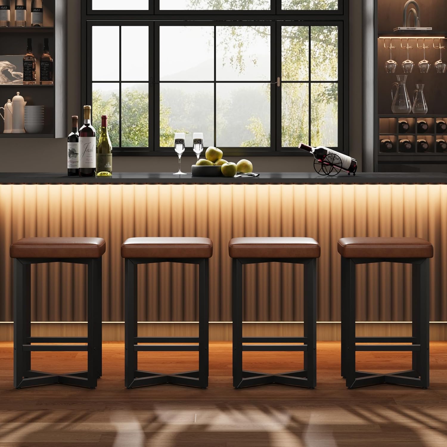 IDEALHOUSE Bar Stools Set of 4, 24.6" Counter Height Backless Barstools, Upholstered PU Leather Seats with Metal X-Frame & Footrest, Modern Kitchen Stools for Home Bar, Dining Room, Brown