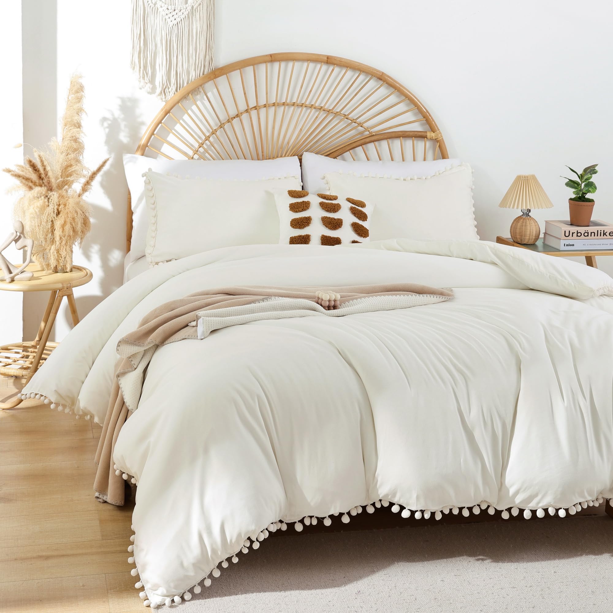 YIRDDEO Queen Comforter Set - Comforter Queen Size Sets with Ball Pom Fringe, Soft Bedding Set for All Seasons - 3 Pieces, 1 Comforter (90"x90") & 2 Pillow Shams (20"x26"), Taupe