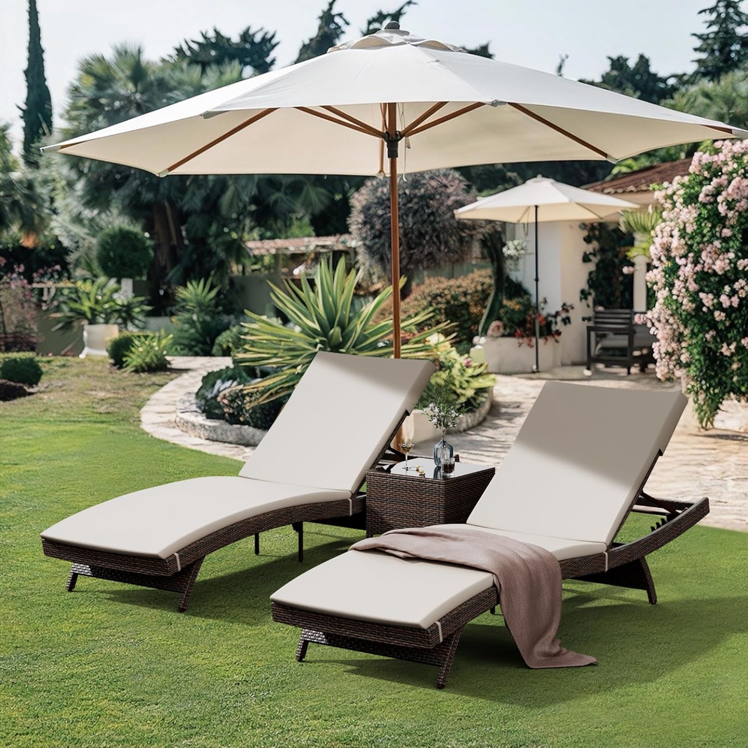 Pamapic Patio Chaise Lounge Set 3 Pieces with Adjustable Backrest and Removable Cushion, Outdoor Pool Chair for Patio Poolside Backyard Porch