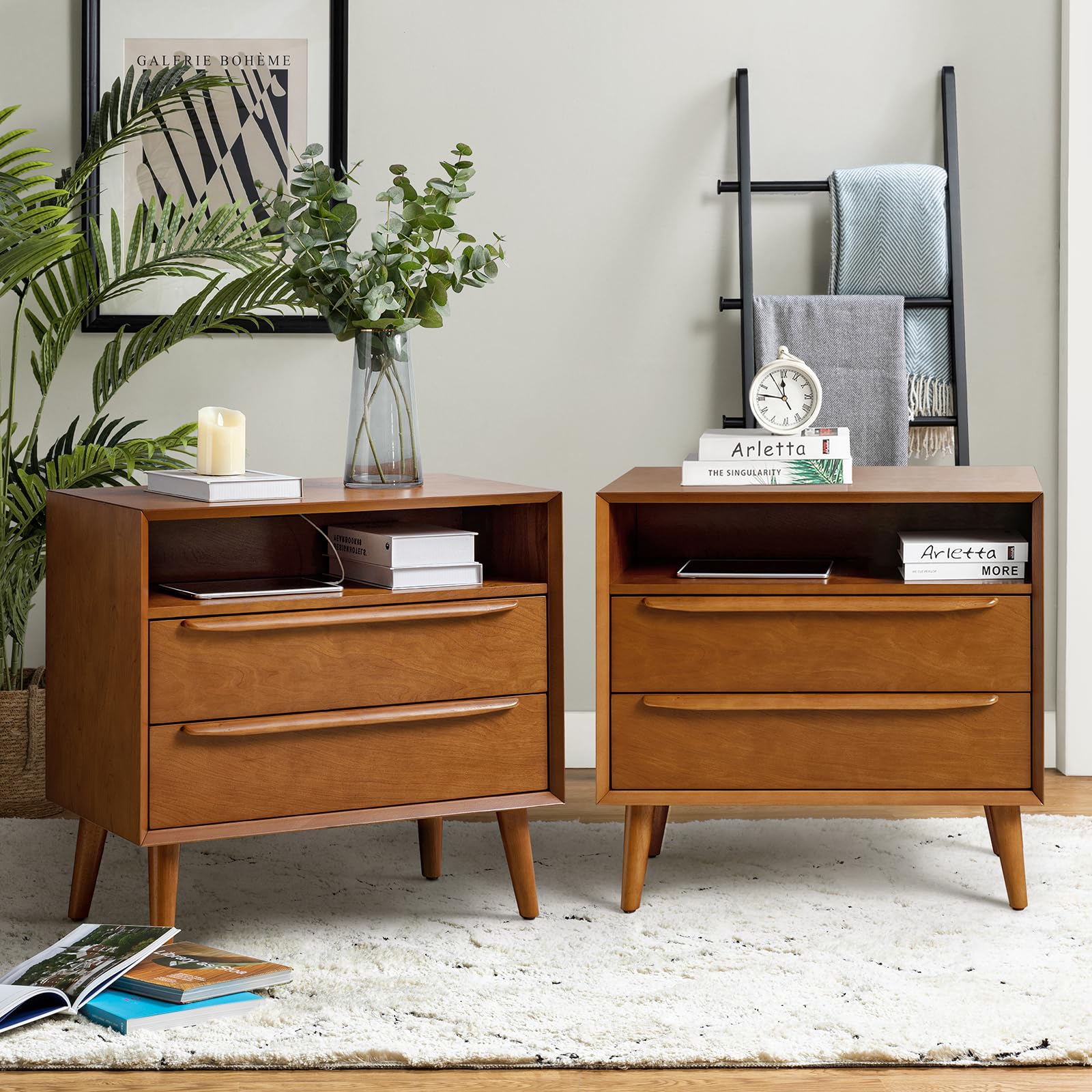 HULALA HOME Nightstand with Charging Station, Mid-Century Modern 2 Drawer and Open Shelf Dresser for Bedroom, Fluted Bedside Table, Acorn