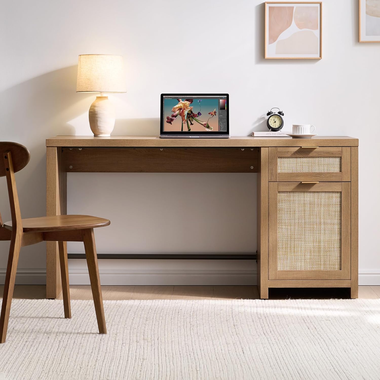 SICOTAS Rattan Executive Desk with Storage, 59" Boho Home Office Desk with Cabinets and Drawers, Large Computer Table Vanity Desk for Office, Study, Living Room, Oak