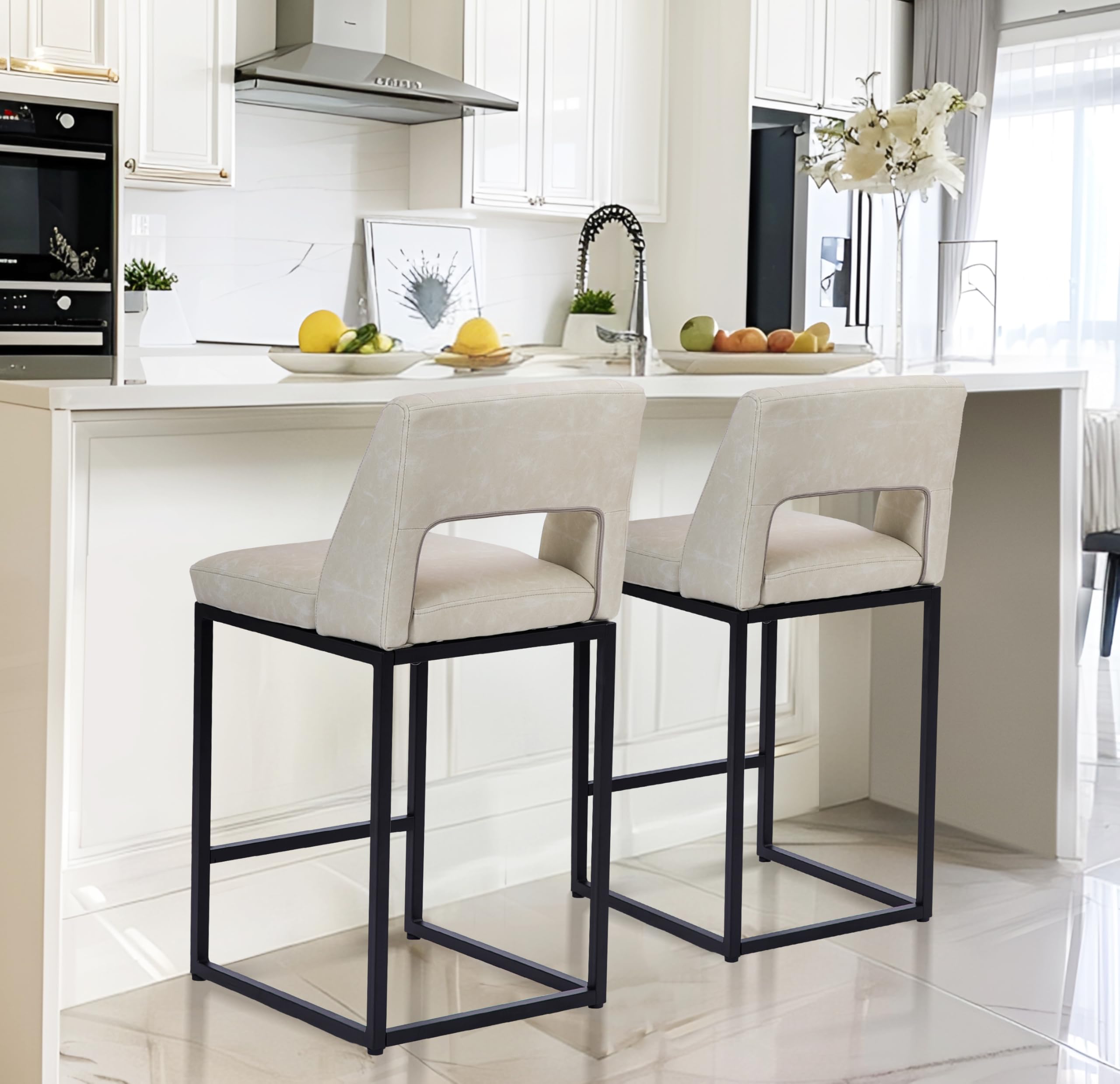 Counter Height Bar Stools Set of 4 for Kitchen Counter Modern Bar Chairs with Backs 26 Inch for Kitchen Island with Upholstered Faux Leather Seat and Metal Frame, Beige