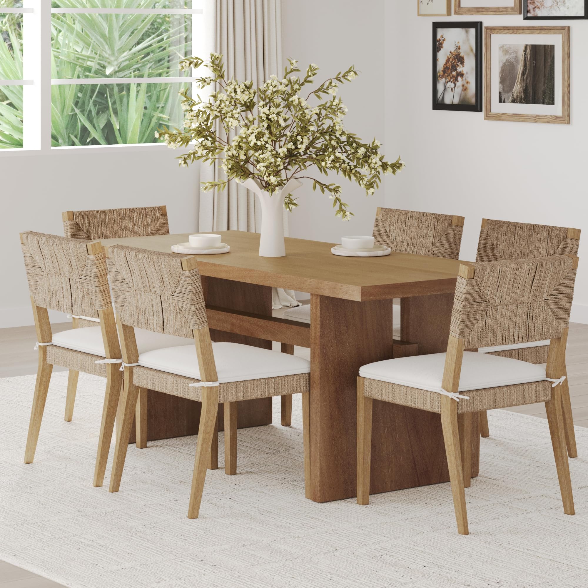 Nathan James Beacon Boho Dining Chair, Boucle Dining Chair with Seagrass Accent and Solid Wood Legs, Cream Boucle/Light Brown
