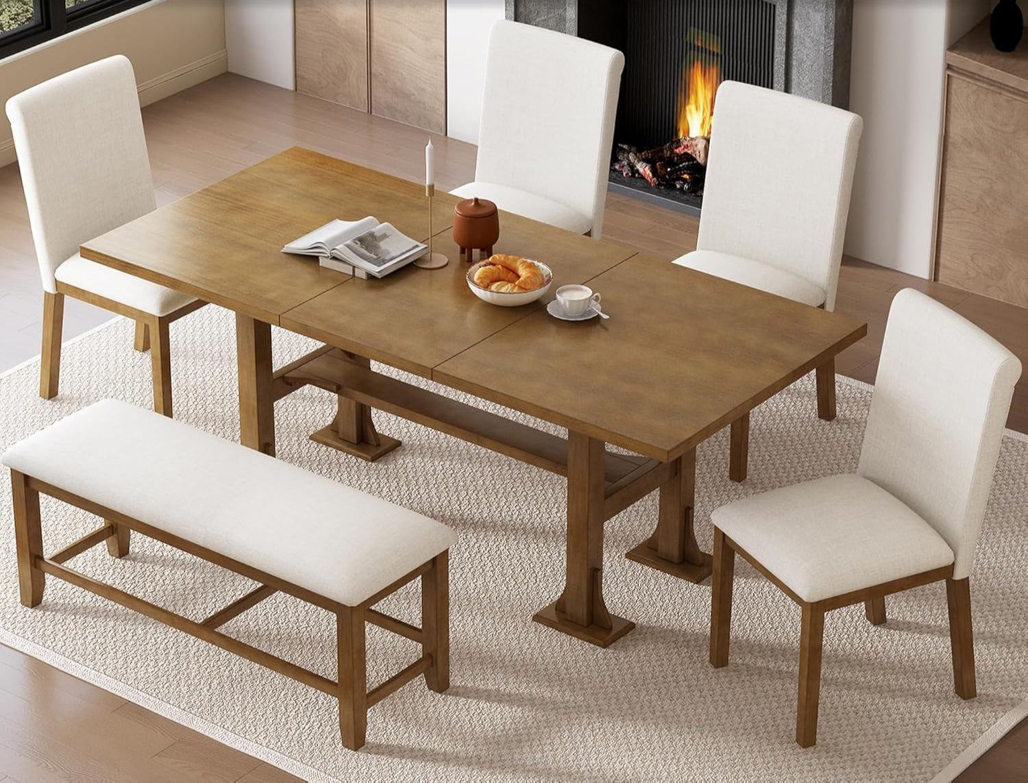 Merax 6-Piece Dining Table Set, 76 inch Extendable Table with 18inch Removable Leaf & Upholstered Chair & Bench, Wood Rectangular Dining Set, Farmhouse Kitchen Dining Table Set for 6(Dark Brown)