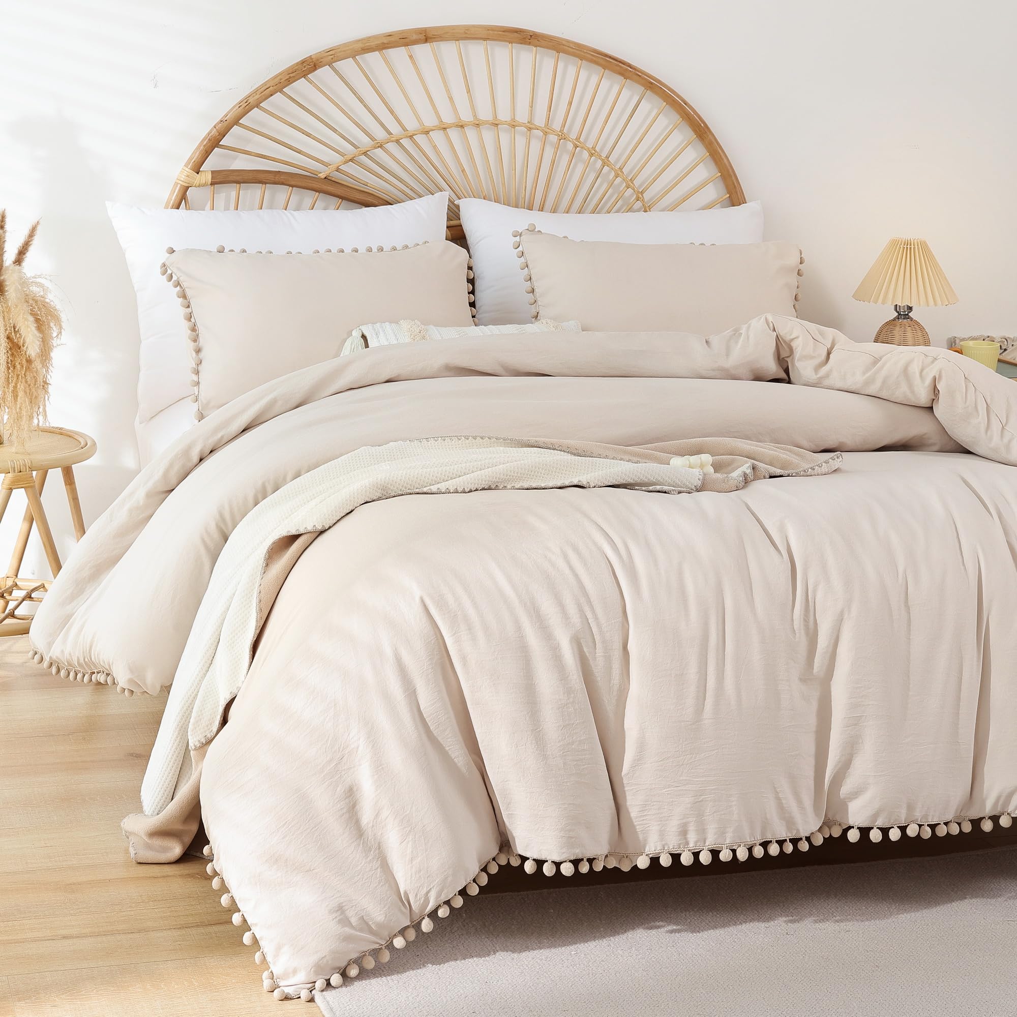 YIRDDEO Queen Comforter Set - Comforter Queen Size Sets with Ball Pom Fringe, Soft Bedding Set for All Seasons - 3 Pieces, 1 Comforter (90"x90") & 2 Pillow Shams (20"x26"), Taupe