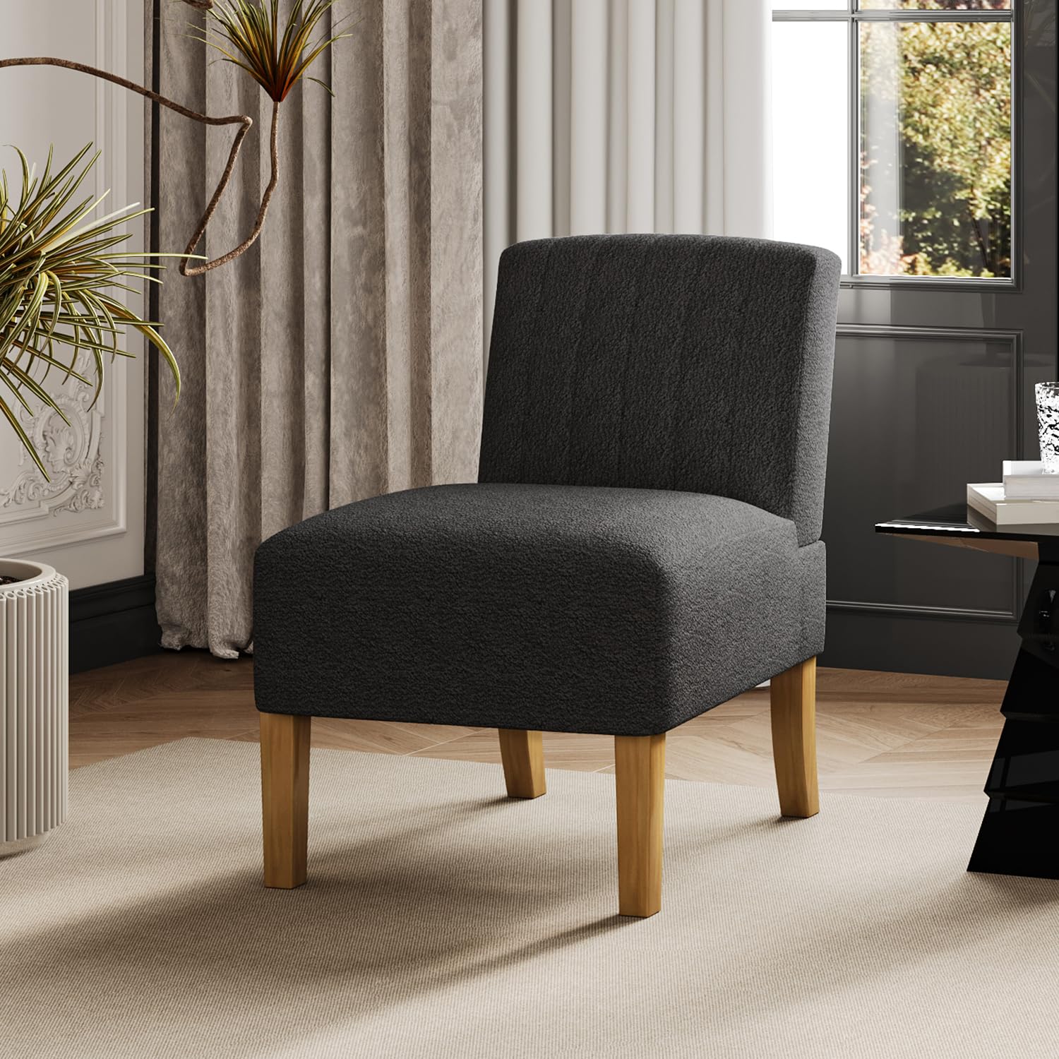 Armless Accent Chairs Set of 2 - Modern Slipper Chairs for Living Room, Solid Wood Legs, Comfy Upholstered Fabric in Black