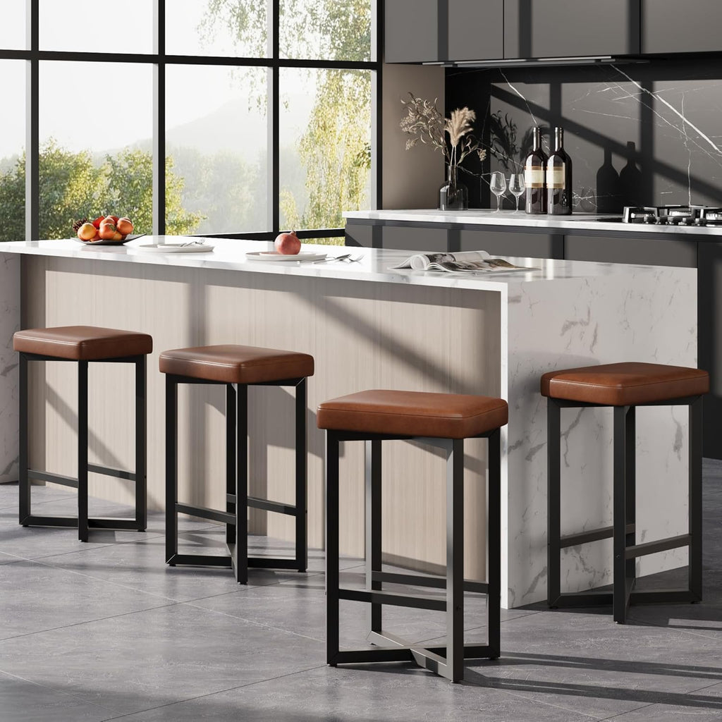 IDEALHOUSE Bar Stools Set of 4, 24.6" Counter Height Backless Barstools, Upholstered PU Leather Seats with Metal X-Frame & Footrest, Modern Kitchen Stools for Home Bar, Dining Room, Brown