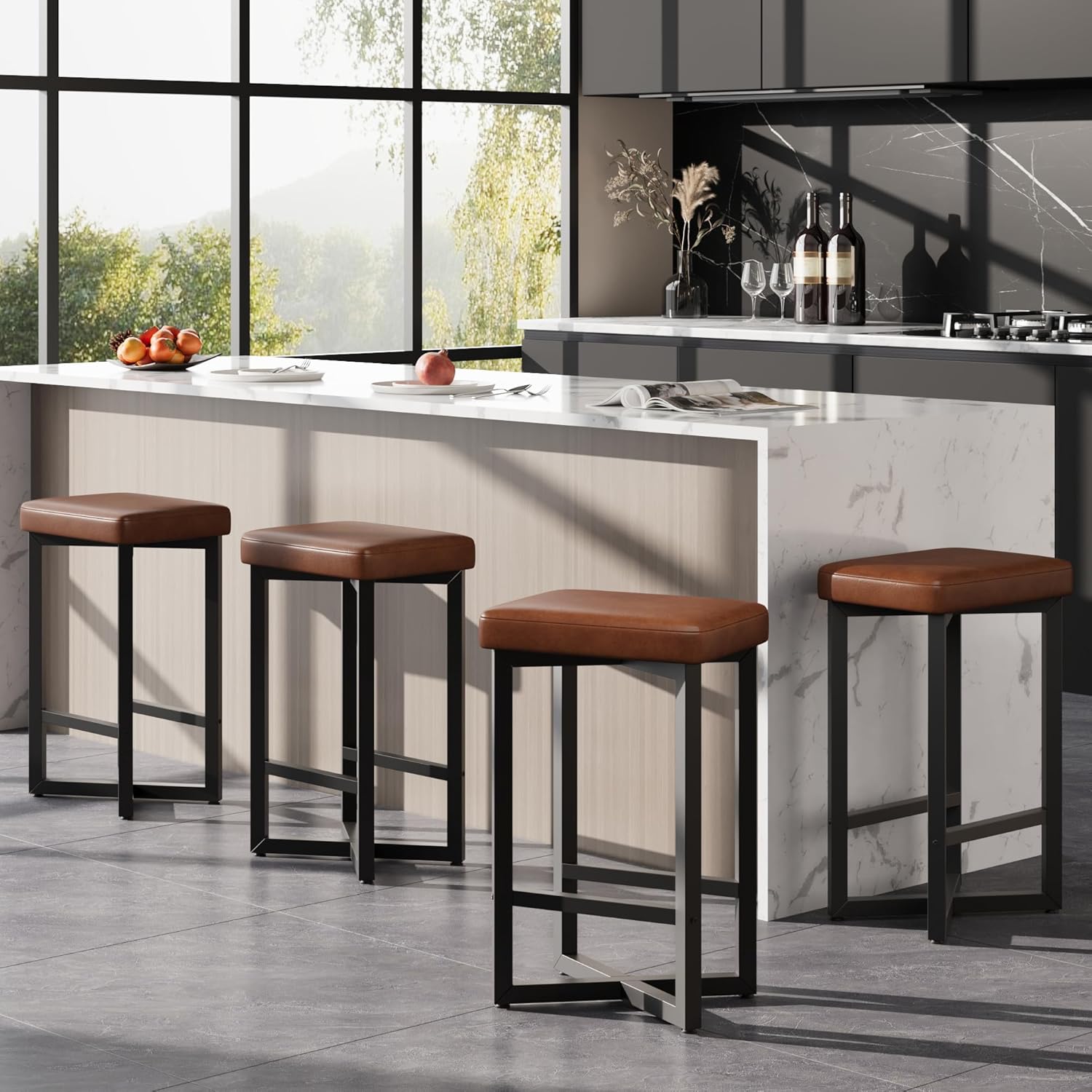 IDEALHOUSE Bar Stools Set of 4, 24.6" Counter Height Backless Barstools, Upholstered PU Leather Seats with Metal X-Frame & Footrest, Modern Kitchen Stools for Home Bar, Dining Room, Brown
