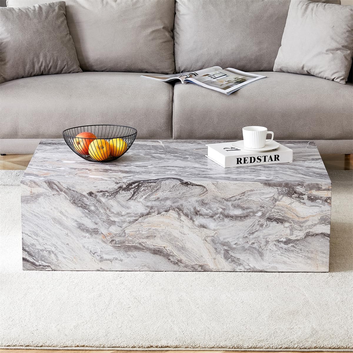 Coffee Table Living Room Table - Modern Faux Marble Design with Wood Accents in Grey
