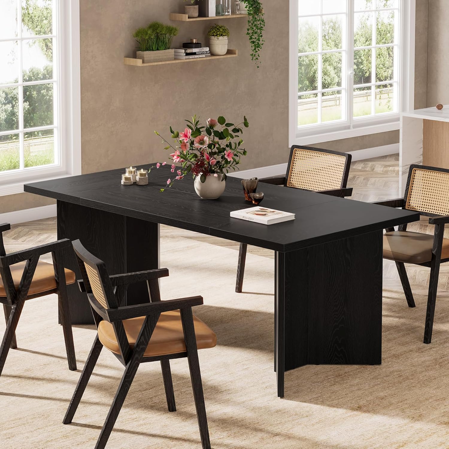 Tribesigns 63-Inch Dining Table for 4-6, Modern Large Kitchen Table with Thickened Wood Base, Rectangular Wooden Dinner Furniture for Kitchen, Dining Room, Living Room, Black