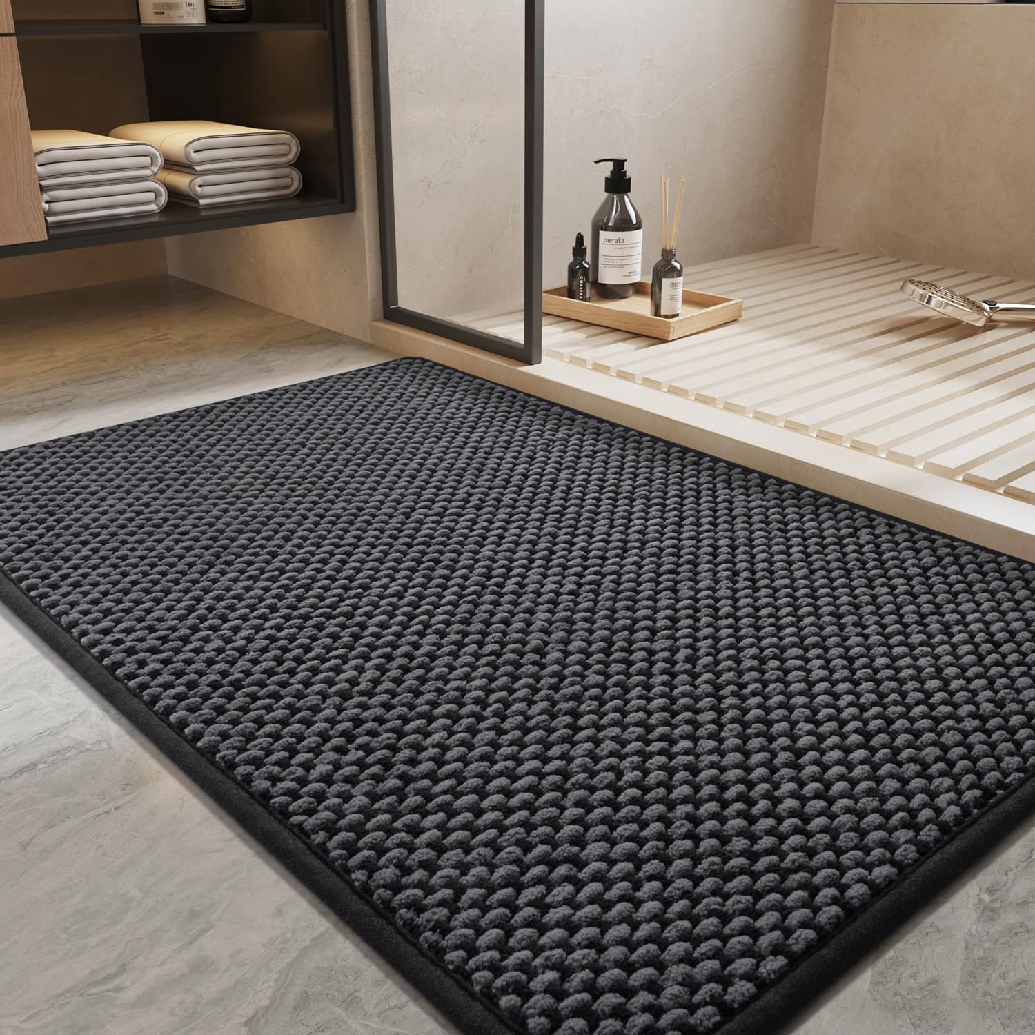PADOOR-Bath Mat-Super Absorbent Chenille Bathroom Mats-Rubber Backed Bath Mats for Bathroom Non Slip, Machine Washable Bathroom Rugs Front of Bathtub,Shower Room,Sink-17×28, Beige&Cream
