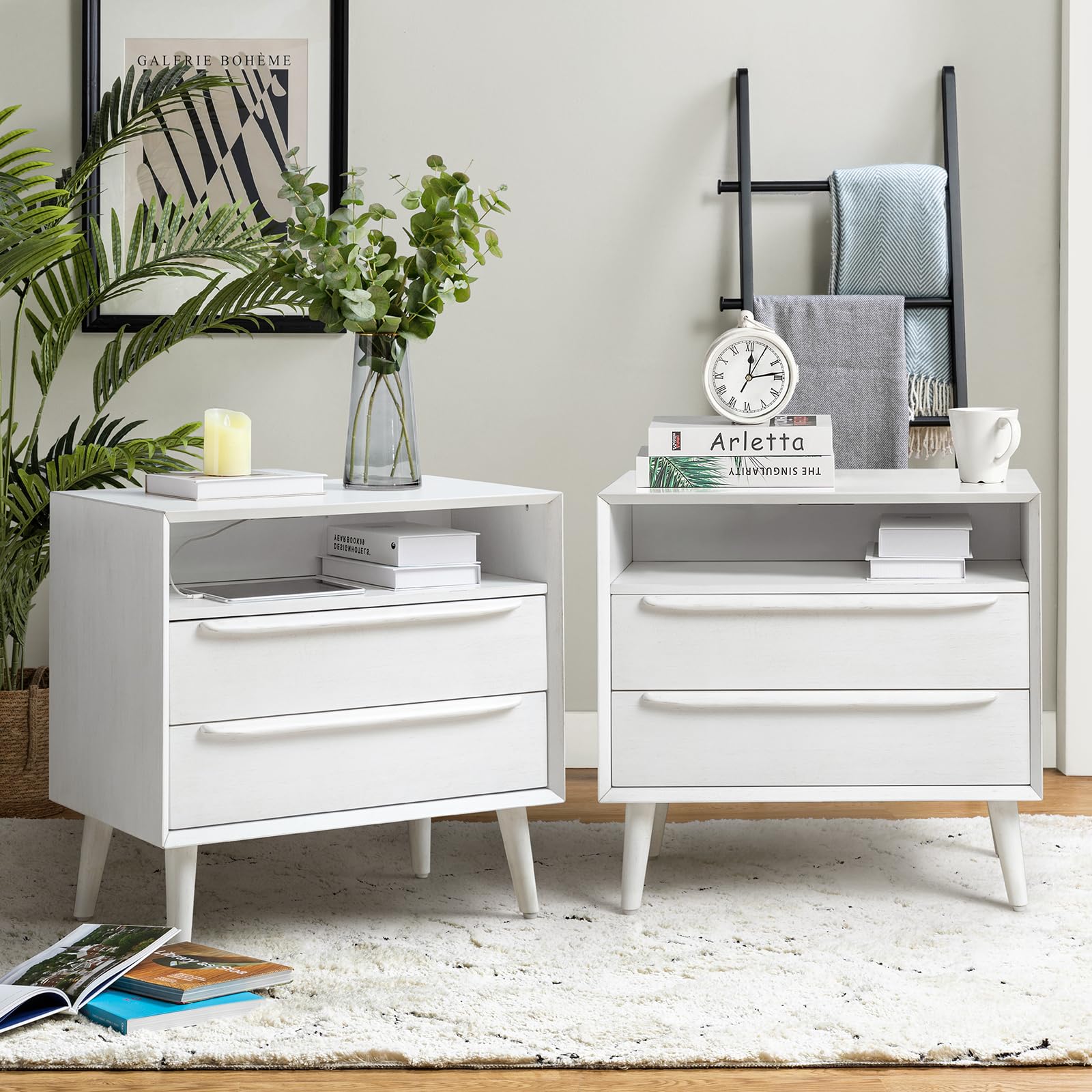 HULALA HOME Nightstand with Charging Station, Mid-Century Modern 2 Drawer and Open Shelf Dresser for Bedroom, Fluted Bedside Table, Acorn