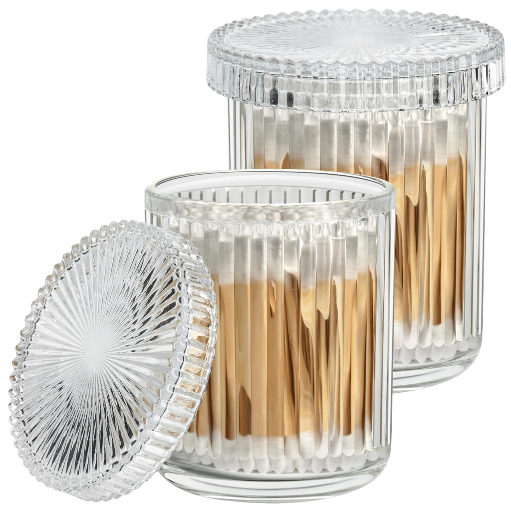 2 Pack Glass Qtip Holder Dispenser Set - Bathroom Organizer for Cotton Swabs, Balls, Pads, Floss Picks - Clear Apothecary Jars for Vanity, Makeup Storage, Bathroom Accessories Decor (Amber)