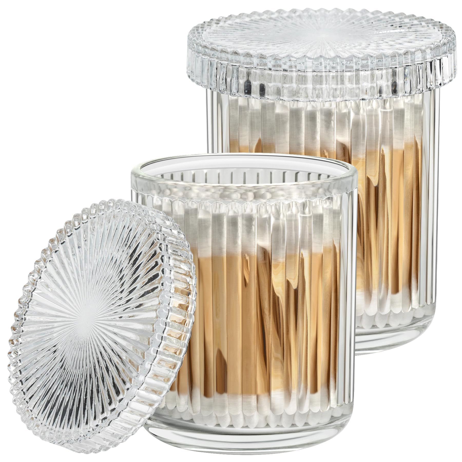 2 Pack Glass Qtip Holder Dispenser Set - Bathroom Organizer for Cotton Swabs, Balls, Pads, Floss Picks - Clear Apothecary Jars for Vanity, Makeup Storage, Bathroom Accessories Decor (Amber)