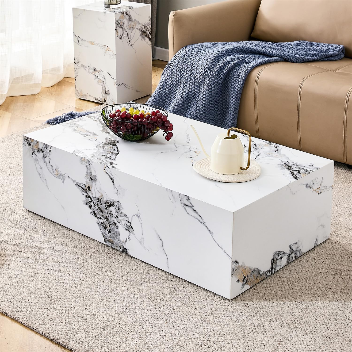 Coffee Table Living Room Table - Modern Faux Marble Design with Wood Accents in Grey