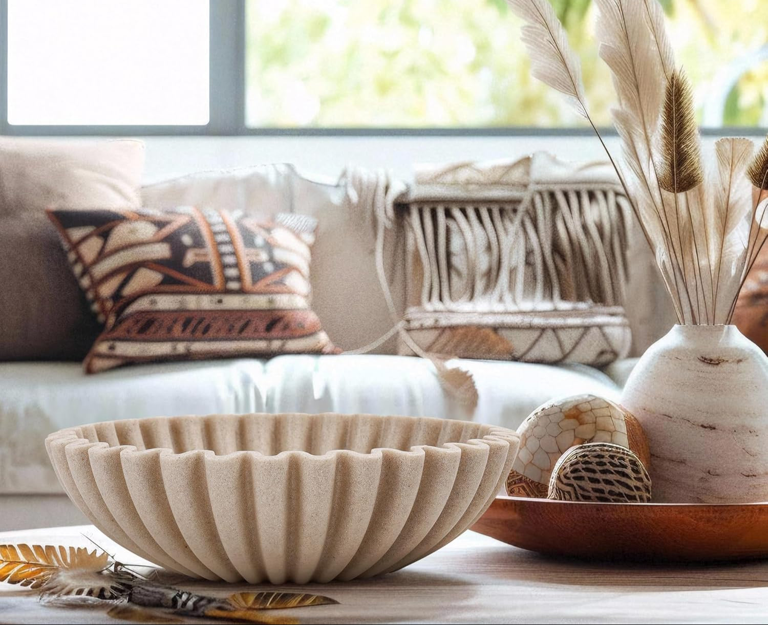 Large Decorative Bowl, Modern Handicraft Bowls for Home Decor, Decorative Fruit Bowl for Kitchen Counter, Ruffle Decor, Stylish Key Bowl for Entry Table, Artificial Stone Beige