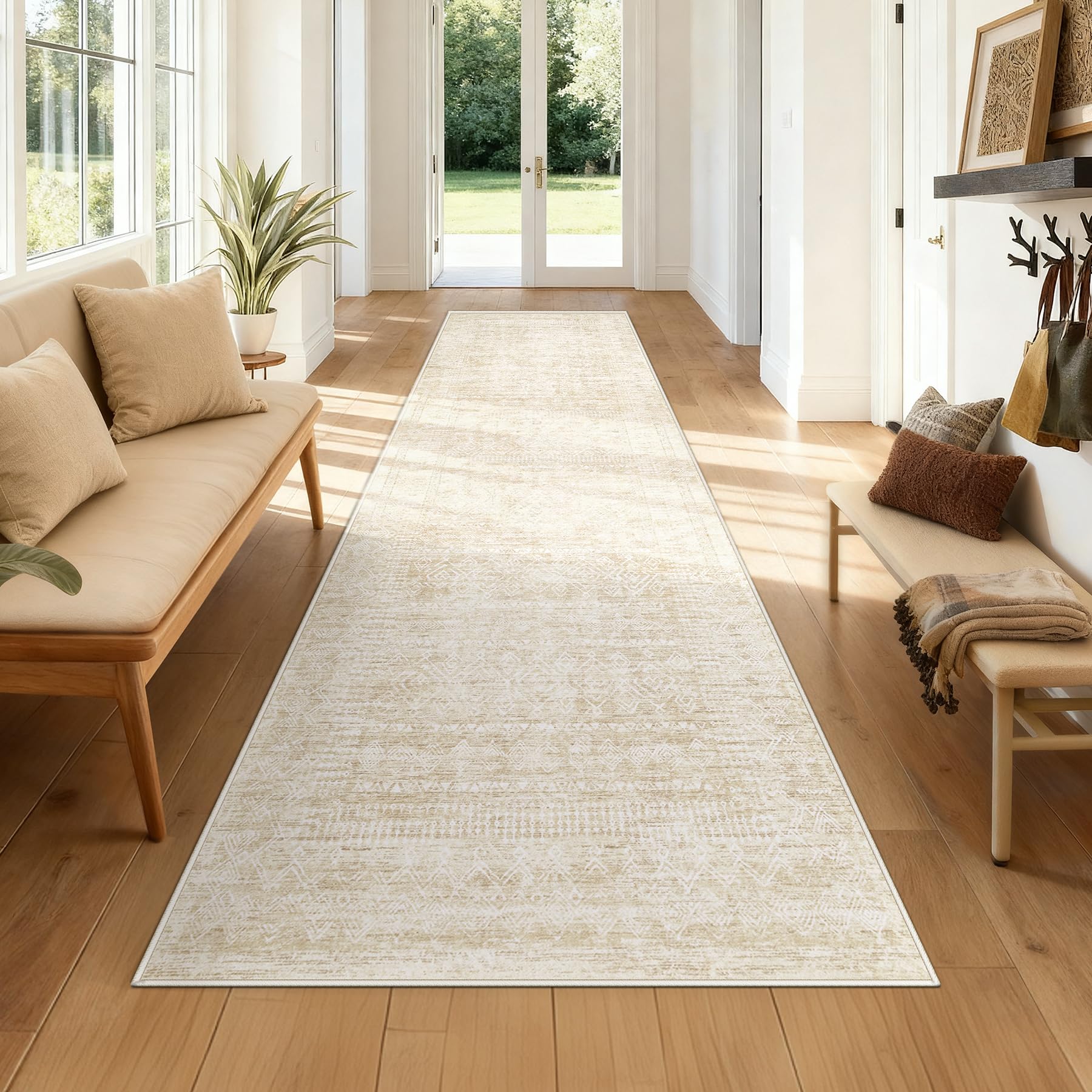 Living Room Rugs 8x10: Washable Moroccan Geometric Boho Rug Farmhouse Non Slip Stain Resistant Large Rug Low Pile Soft Carpet for Bedroom Dining Room Children Room (Beige,8'x10')