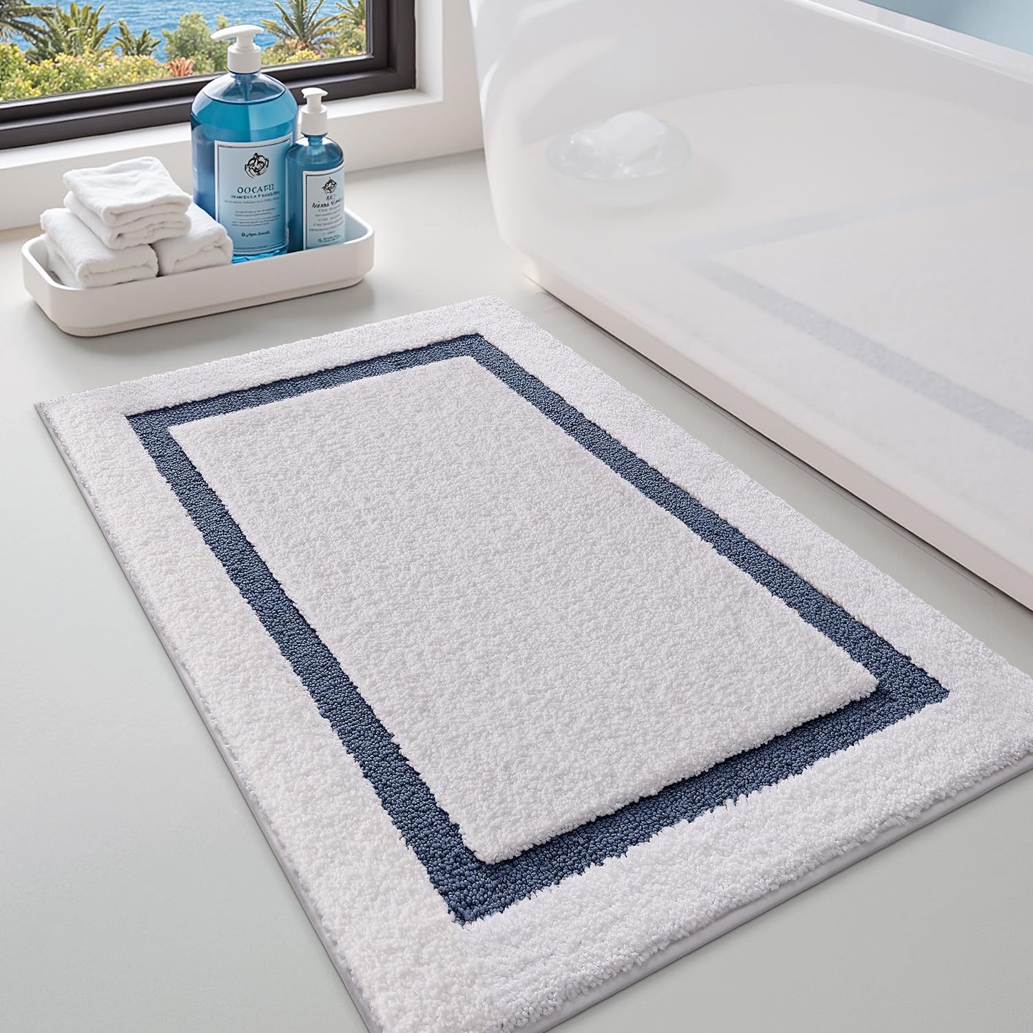LUMI White Bath Mats for Bathroom, Non Slip Absorbent Soft Bath Rug, Fluffy Washable Classic Bathroom Rugs, Ideal for Floor, Shower Tub, Entryway, 24"x36", White and Beige