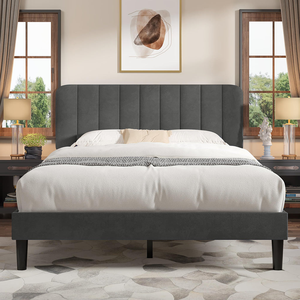 VECELO Queen Size Bed Frame with Upholstered Headboard, Velvet Platform Bedframe Mattress Foundation, Strong Wood Slat Support, No Box Spring Needed,Velvet Beige