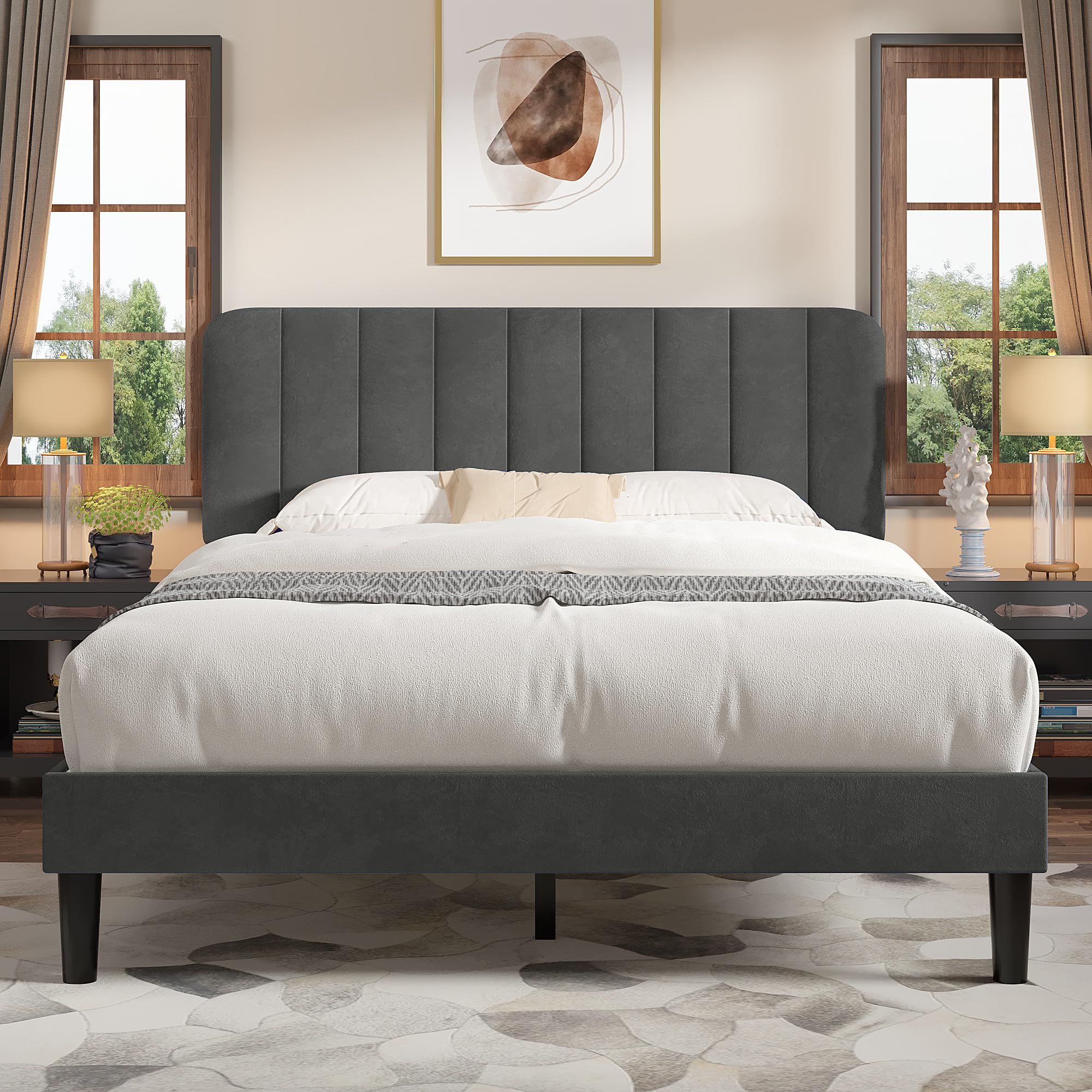 VECELO Queen Size Bed Frame with Upholstered Headboard, Velvet Platform Bedframe Mattress Foundation, Strong Wood Slat Support, No Box Spring Needed,Velvet Beige