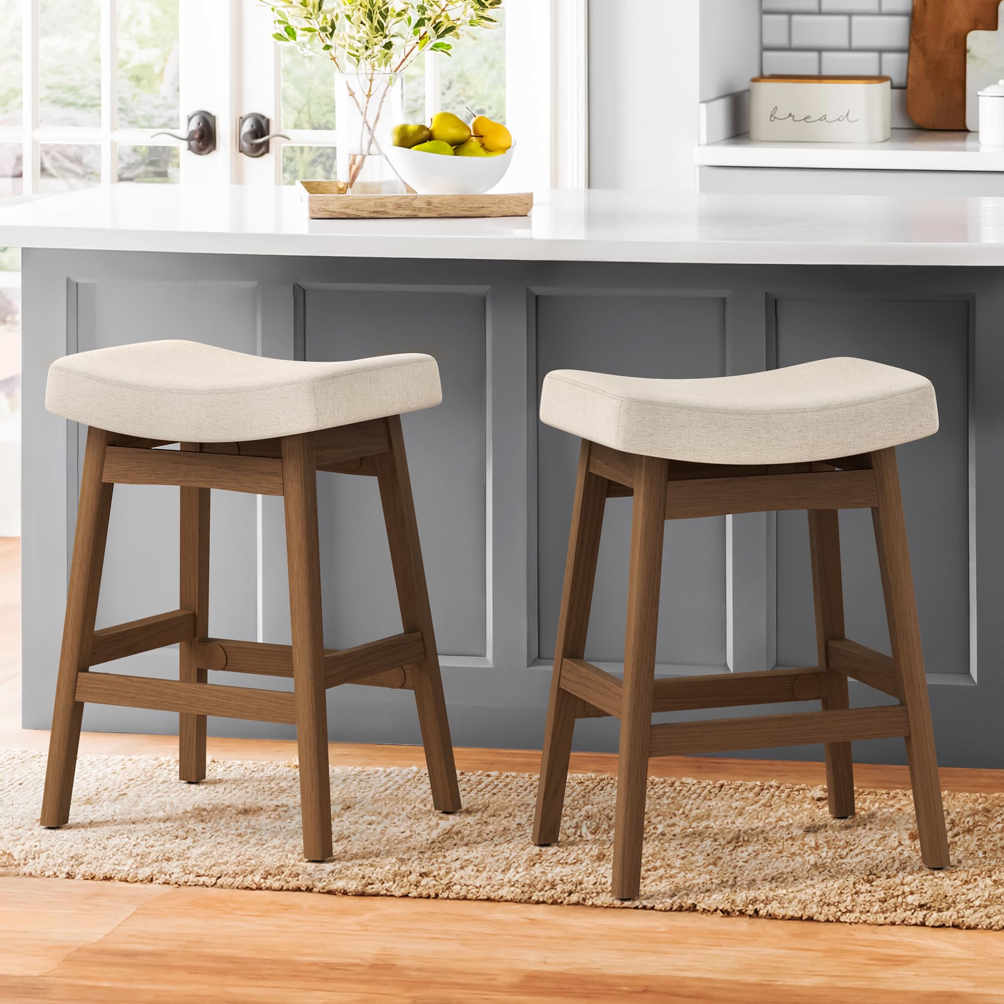 Bar Stools Set of 4, Barstools with Sturdy Wood Legs, Saddle Seat Counter Height Bar Stools for Kitchen Counter, Bar, Dining, 24 Inch Farmhouse Counter Stools, Antique White Leather