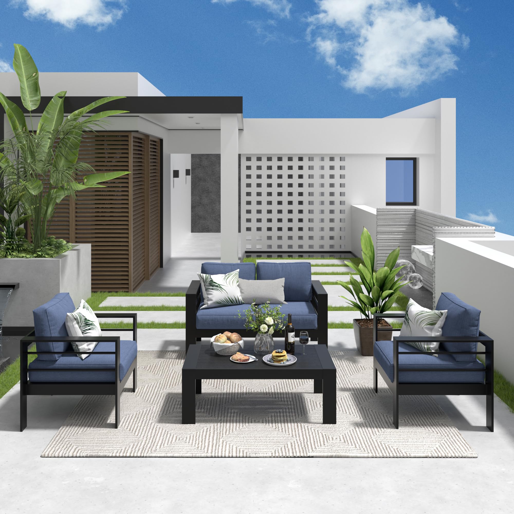 Solaste Aluminum Patio Furniture Set, 5 Seats Modern Outdoor Conversation Set Sectional Sofa with Upgrade Cushion and Coffee Table,Black Frame and Grey Cushion