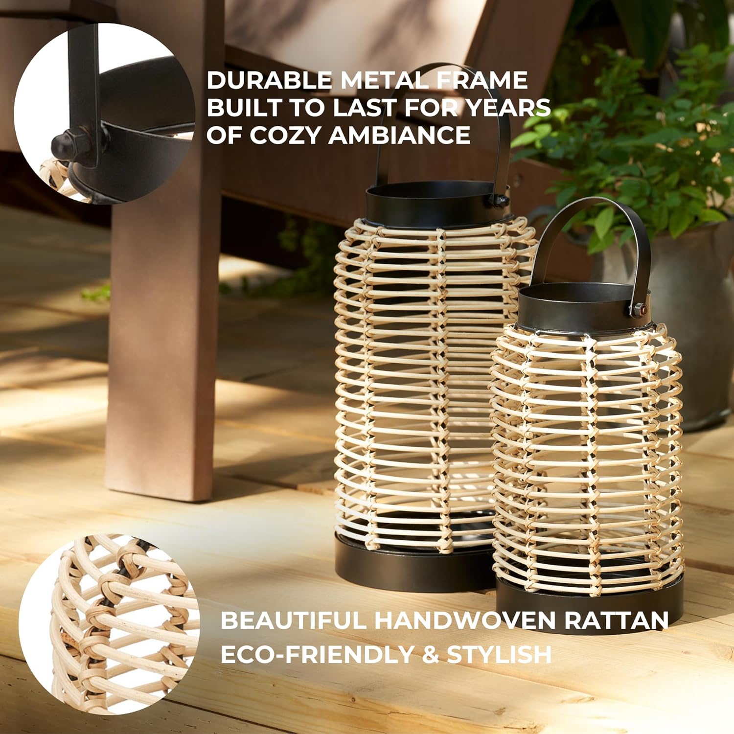 Natural Rattan Boho Lanterns - Handcrafted Decor to Enhance Your Home - Modern Farmhouse Beauty Perfect for Any Living Room, Patio & Porch, Indoor and Outdoor Coffee Table or Kitchen Dining Table