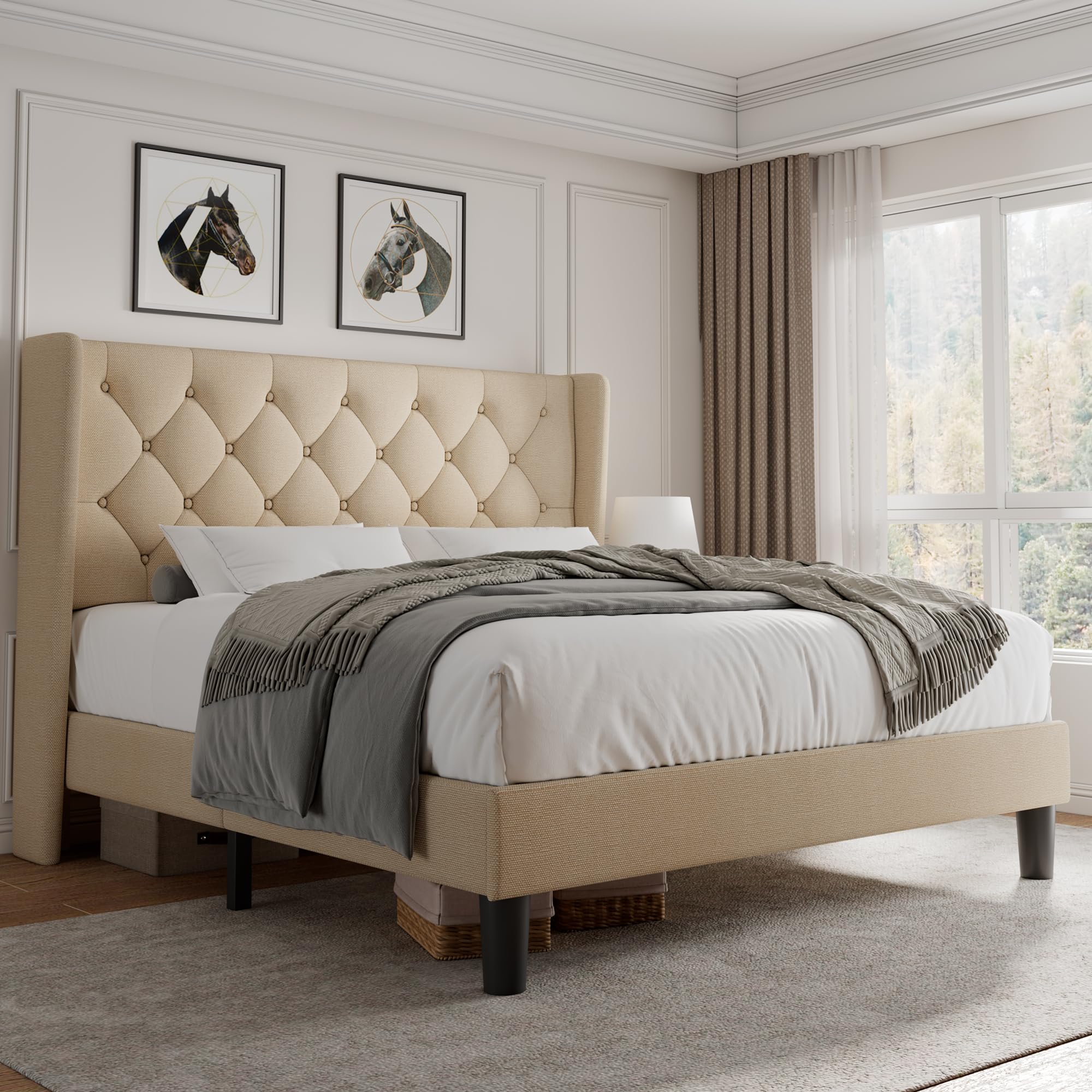 iPormis Full Size Velvet Platform Bed Frame with Button Tufted Headboard, Upholstered Bed Frame with Solid Wooden Slats, 8" Underbed Space, No Box Spring Needed, Noise Free, Easy Assembly, White