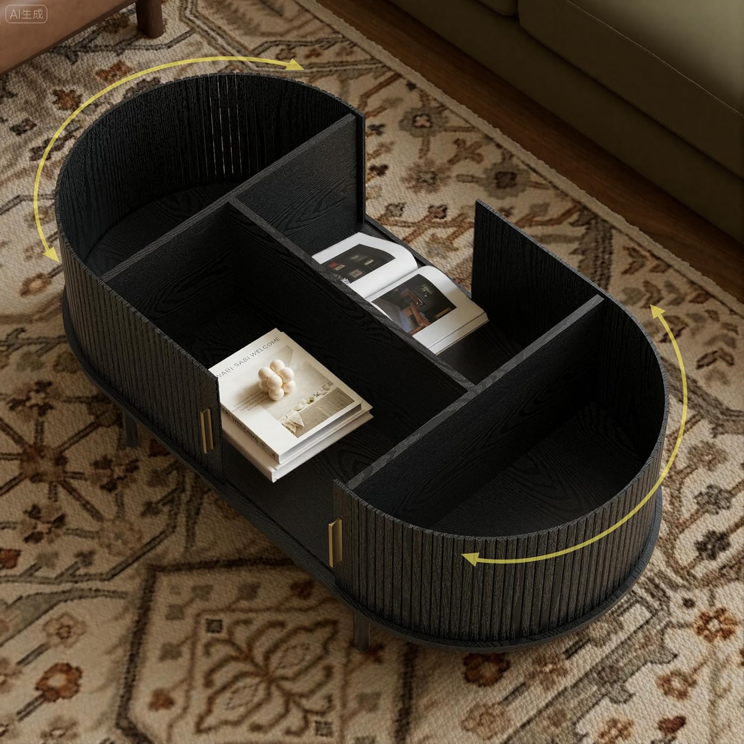 Modern Coffee Table with Storage, 47.2" Oval Fluted Coffee Table with Sliding Doors, Minimalist Tea Table with Wood Grain Veneer, Mid Century Center Tables for Living Room, Apartment, Black