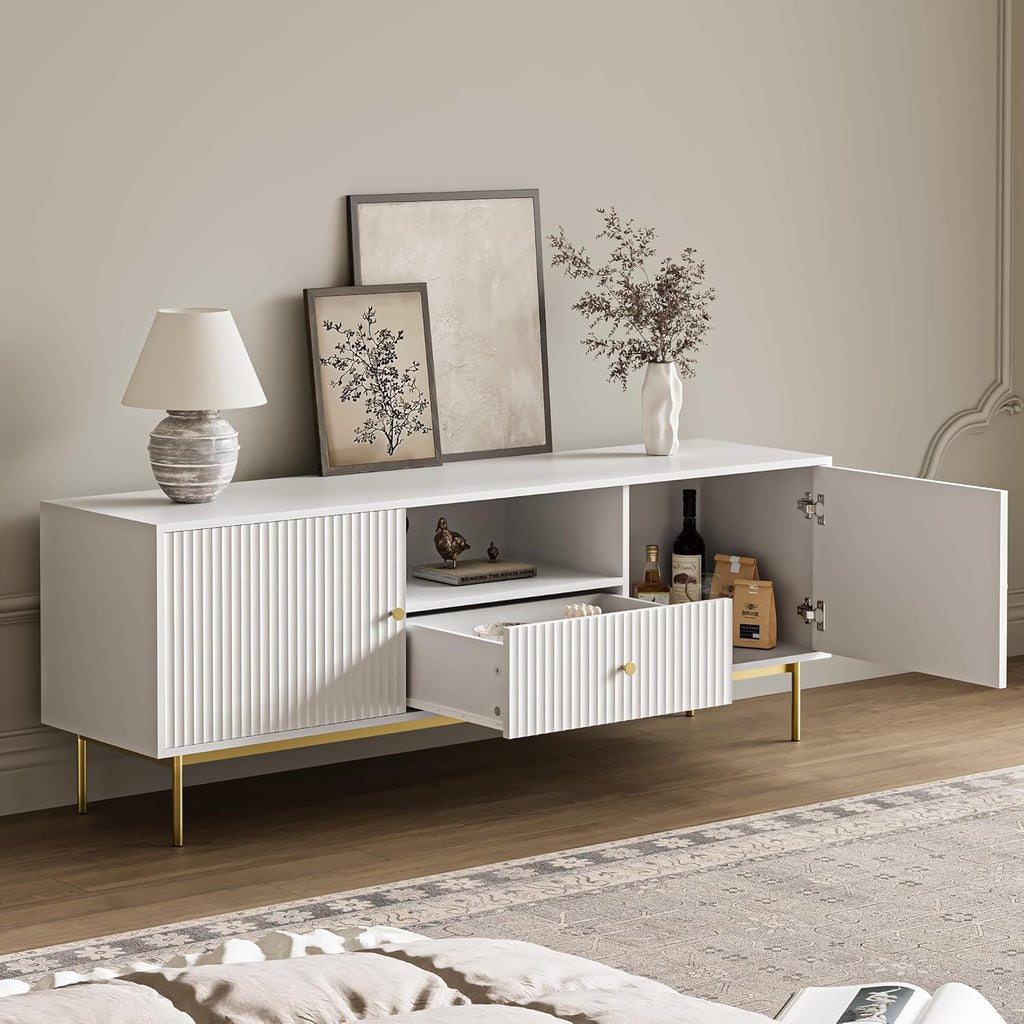 Fluted TV Stand, Modern TV Stand for 70 Inch TV, Entertainment Center with 2 Storage Cabinets, Fluted Panel Media Console for Living Room, Bedroom, Office, White