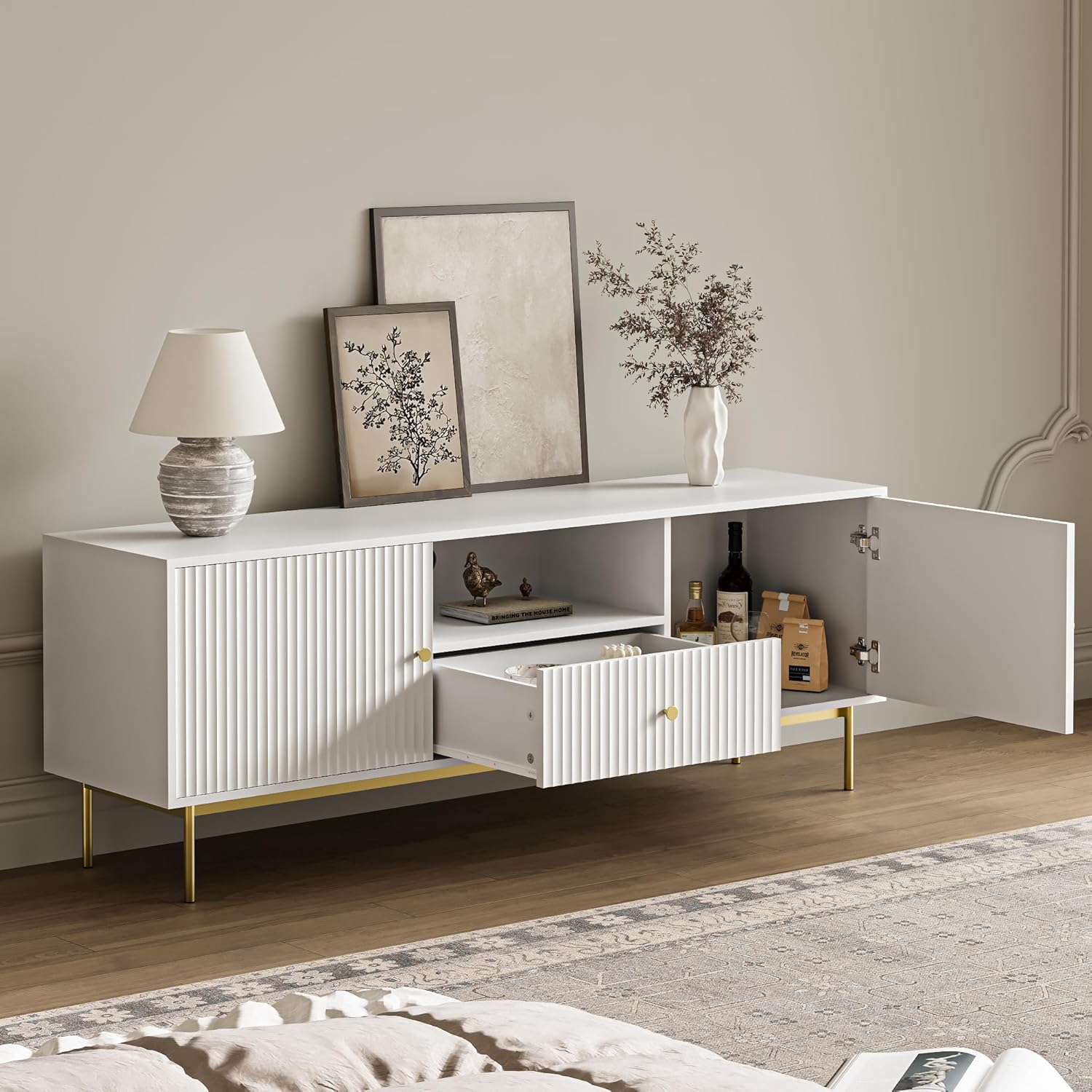 Fluted TV Stand, Modern TV Stand for 70 Inch TV, Entertainment Center with 2 Storage Cabinets, Fluted Panel Media Console for Living Room, Bedroom, Office, White