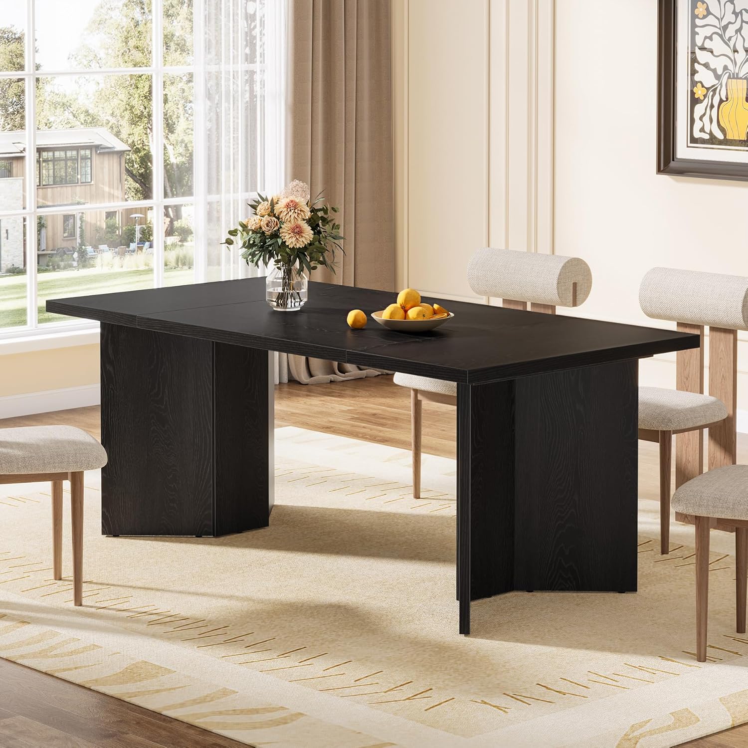 Tribesigns 63-Inch Dining Table for 4-6, Modern Large Kitchen Table with Thickened Wood Base, Rectangular Wooden Dinner Furniture for Kitchen, Dining Room, Living Room, Black