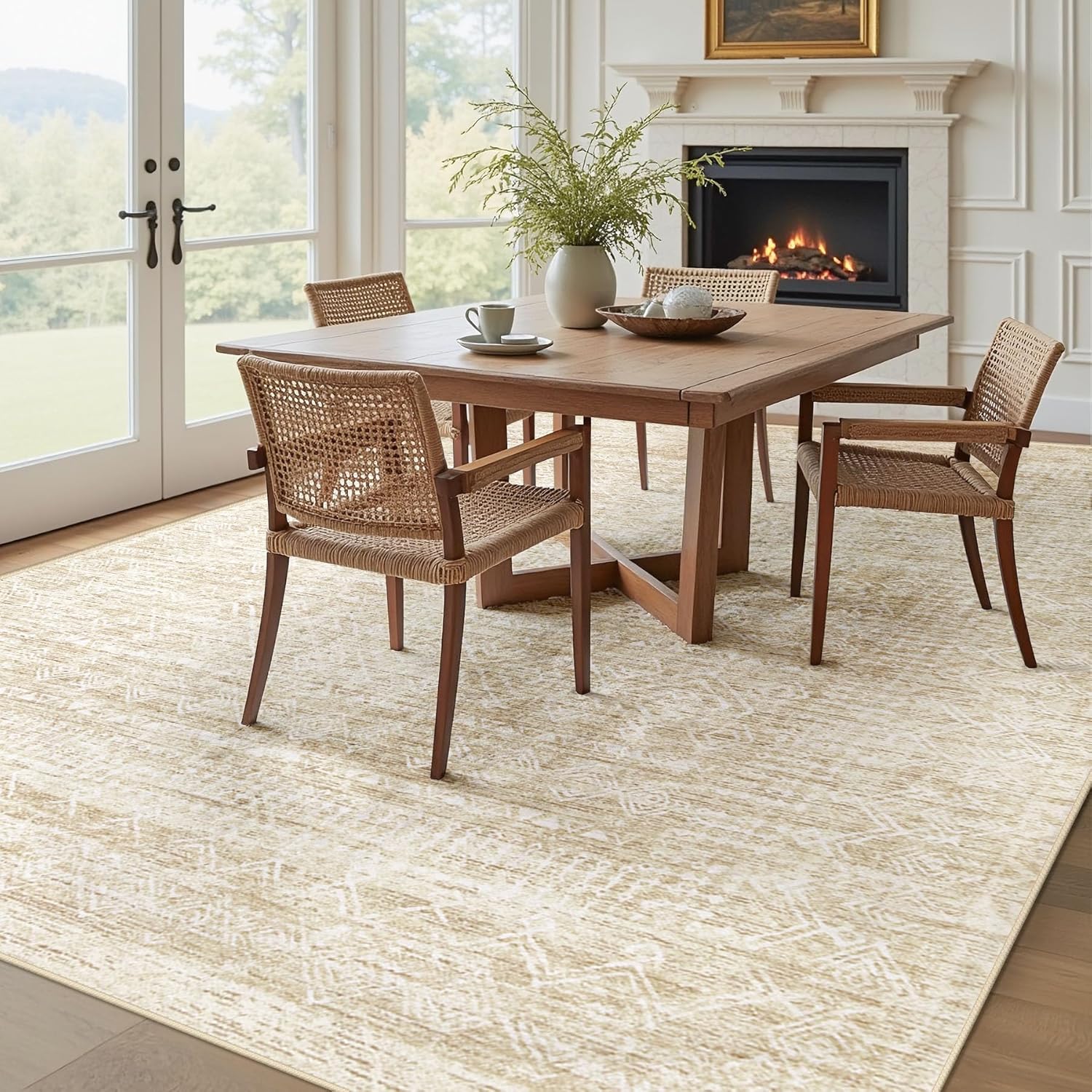 Living Room Rugs 8x10: Washable Moroccan Geometric Boho Rug Farmhouse Non Slip Stain Resistant Large Rug Low Pile Soft Carpet for Bedroom Dining Room Children Room (Beige,8'x10')