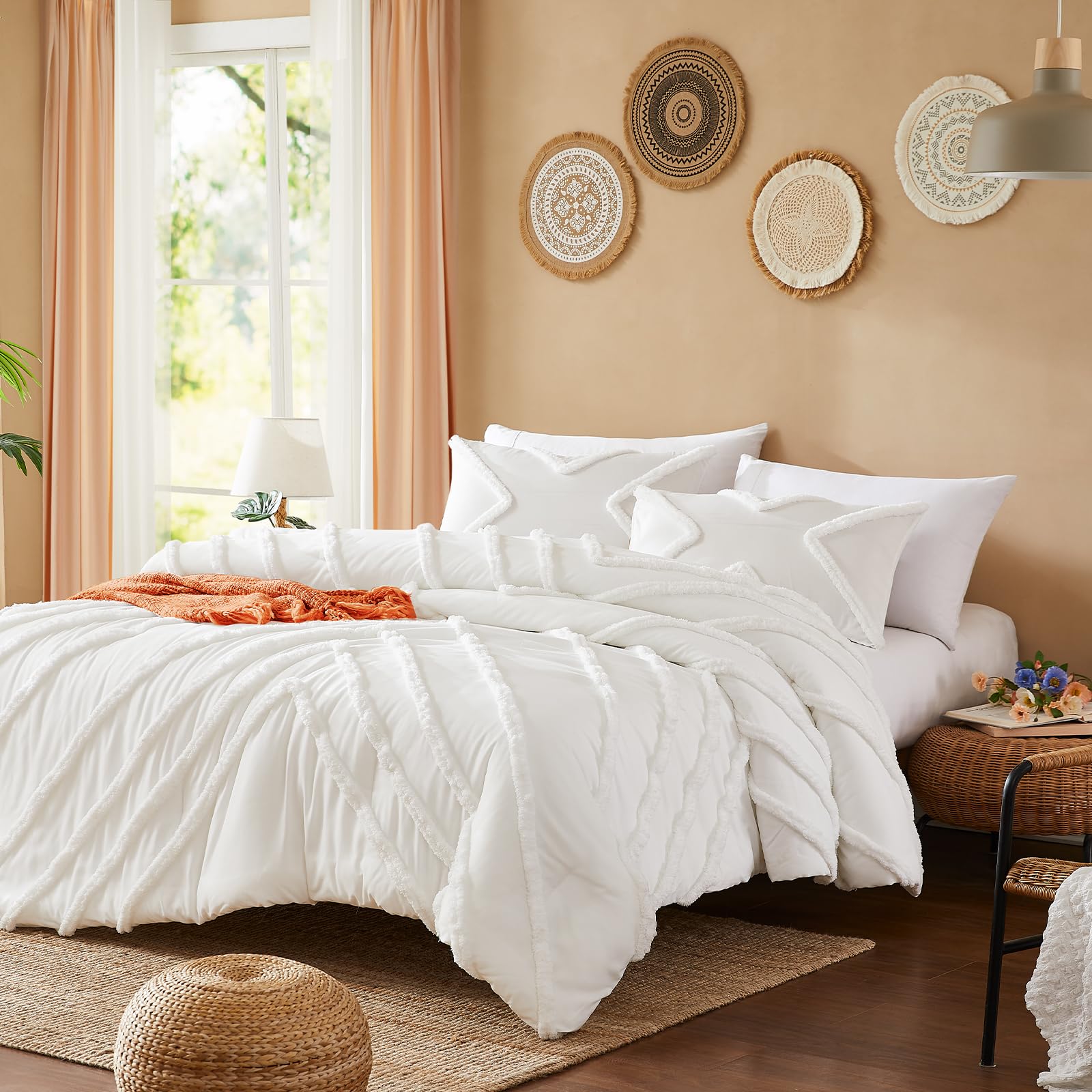 Cupocupa Queen Comforter Set White Comforters Queen Size Sets Boho Tufted Shabby Chic Vintage Farmhouse Bedding Set Soft Fluffy Lightweight Comforter with 2 Pillow Cases for All Season
