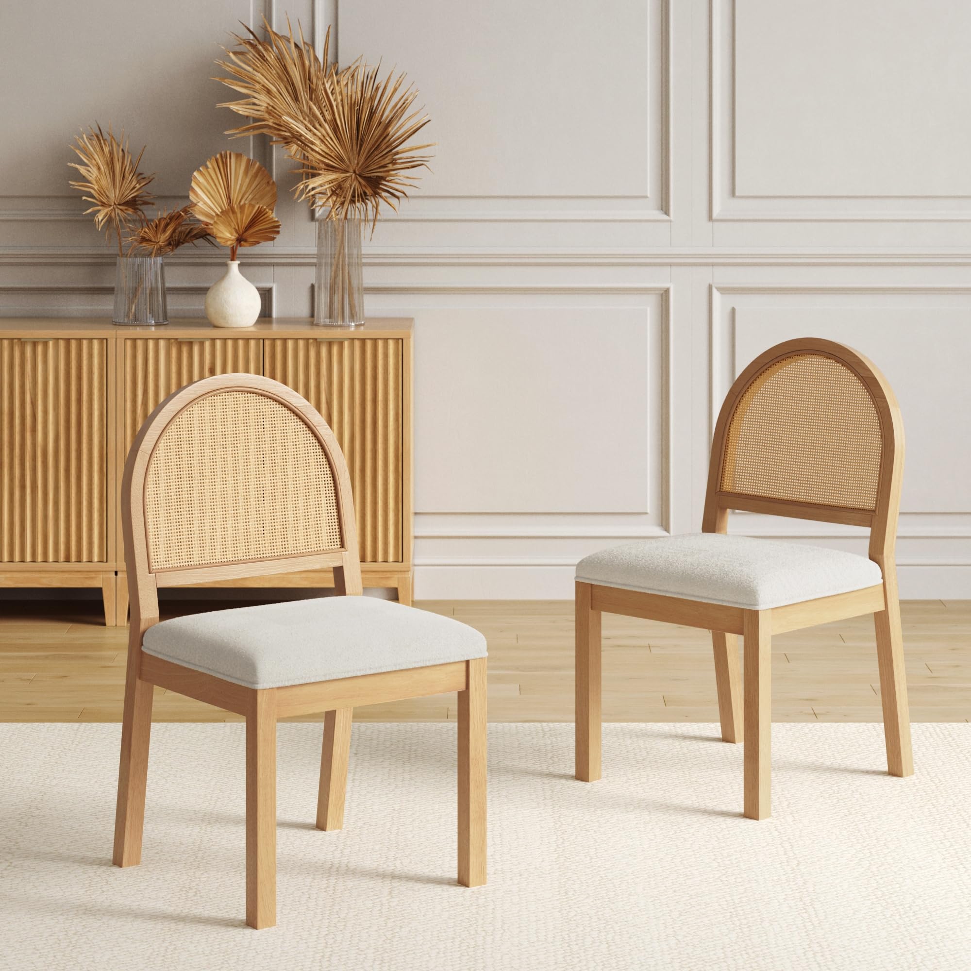 Nathan James Beacon Boho Dining Chair, Boucle Dining Chair with Seagrass Accent and Solid Wood Legs, Cream Boucle/Light Brown