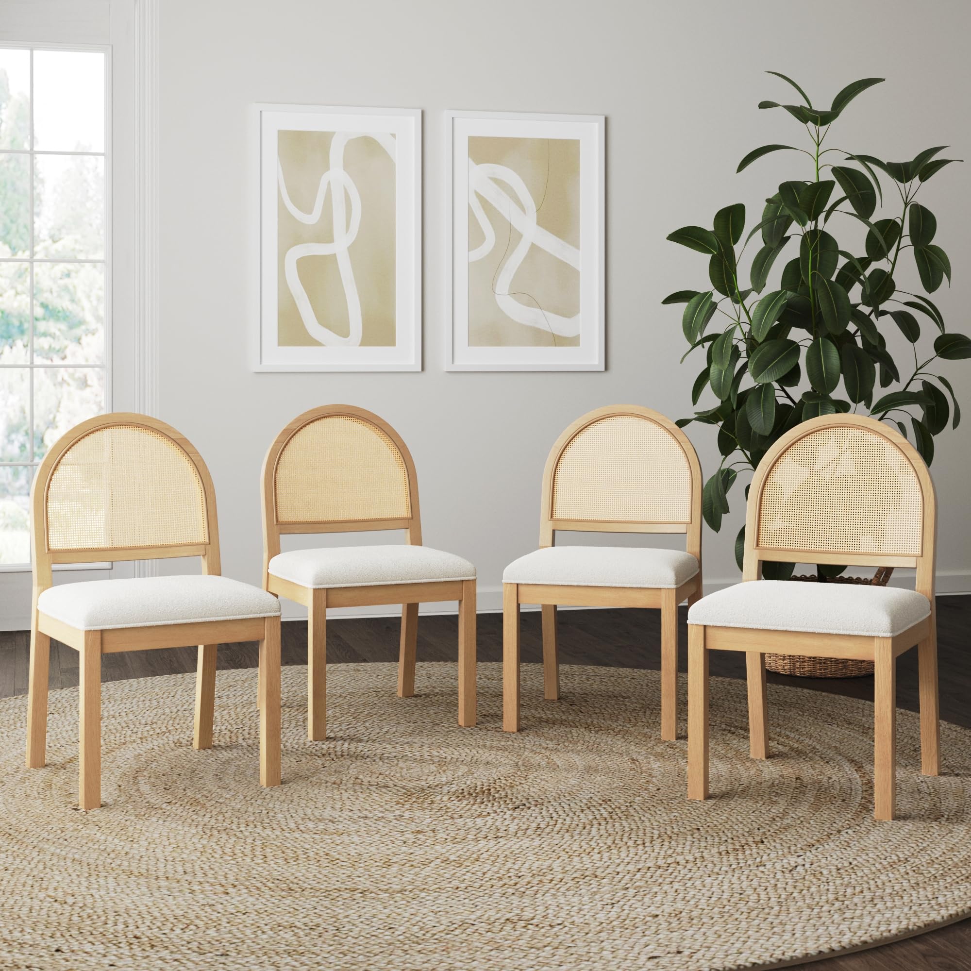 Nathan James Beacon Boho Dining Chair, Boucle Dining Chair with Seagrass Accent and Solid Wood Legs, Cream Boucle/Light Brown