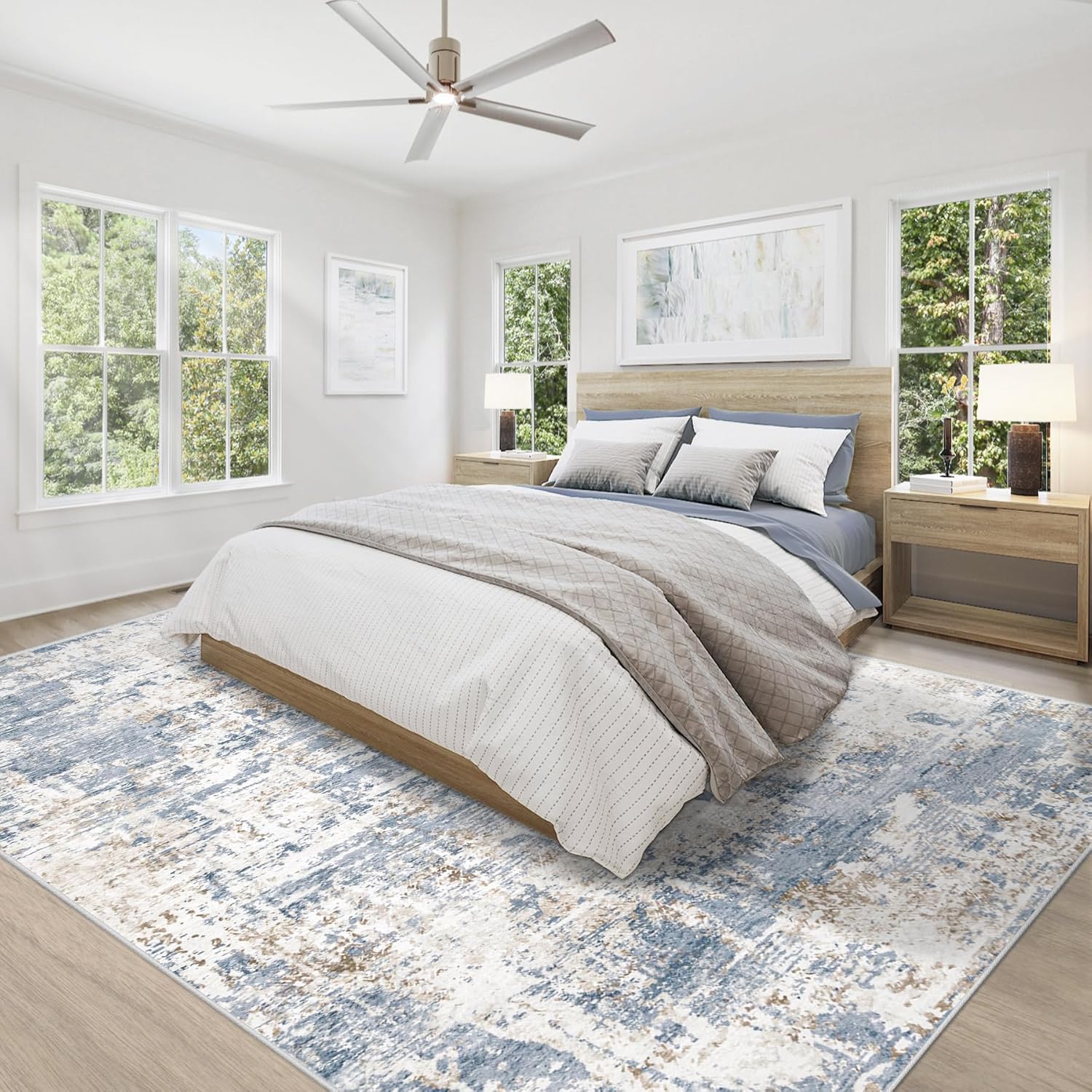 8x10 Area Rugs for Living Room, Washable Modern Abstract Large Area Rug Neutral Soft Non Slip Kids Rug Stain Resistant Indoor Carpet for Bedroom Nursery Dining Room Playroom Home Office(Blue, 8'x10')