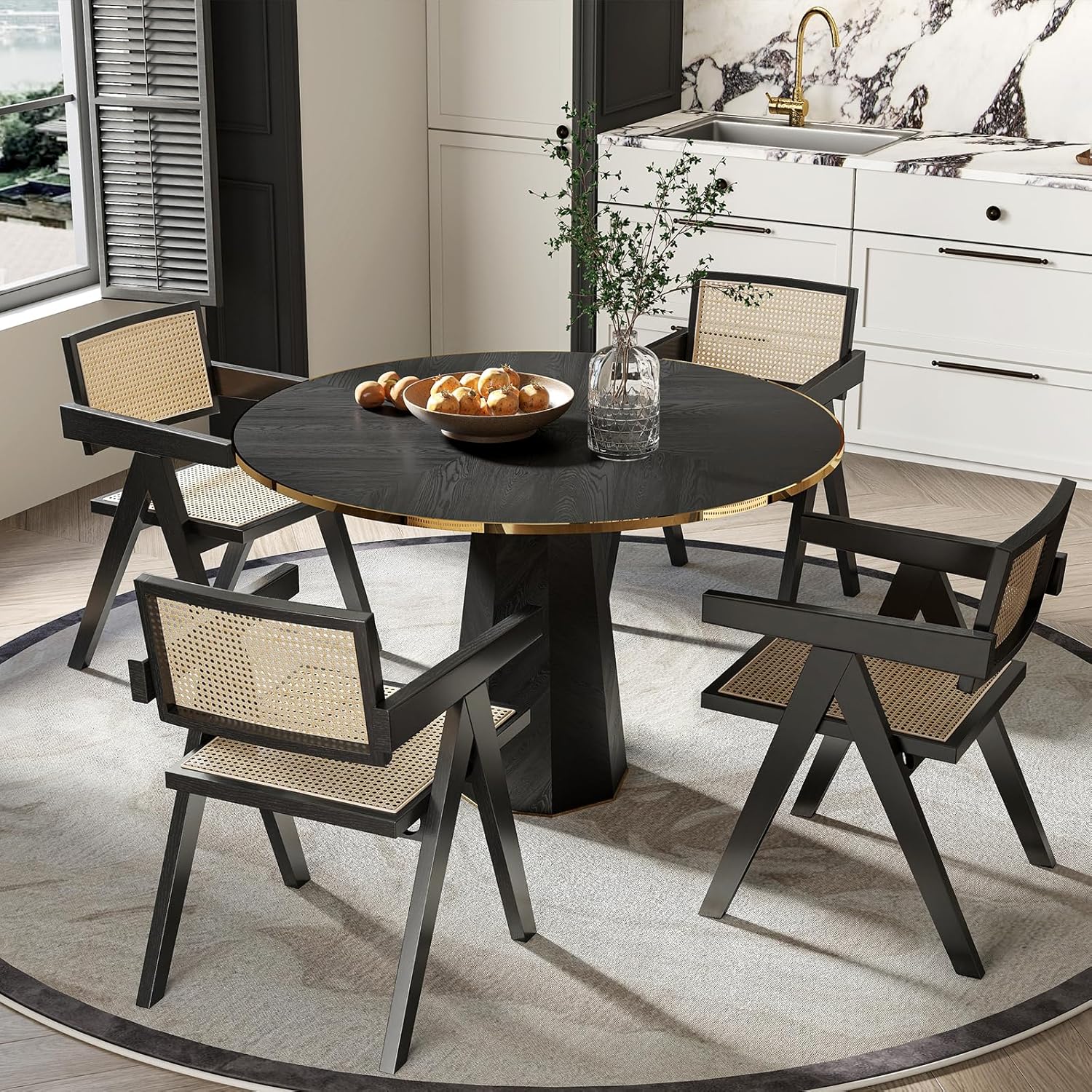 Rattan Dining Chairs Set of 4, Mid Century Modern Dining Room Chairs Wicker Armchair Comfy Side Chair Black Wood Boho Kitchen Cane Side Chairs with Arms for Dining Room Bistro