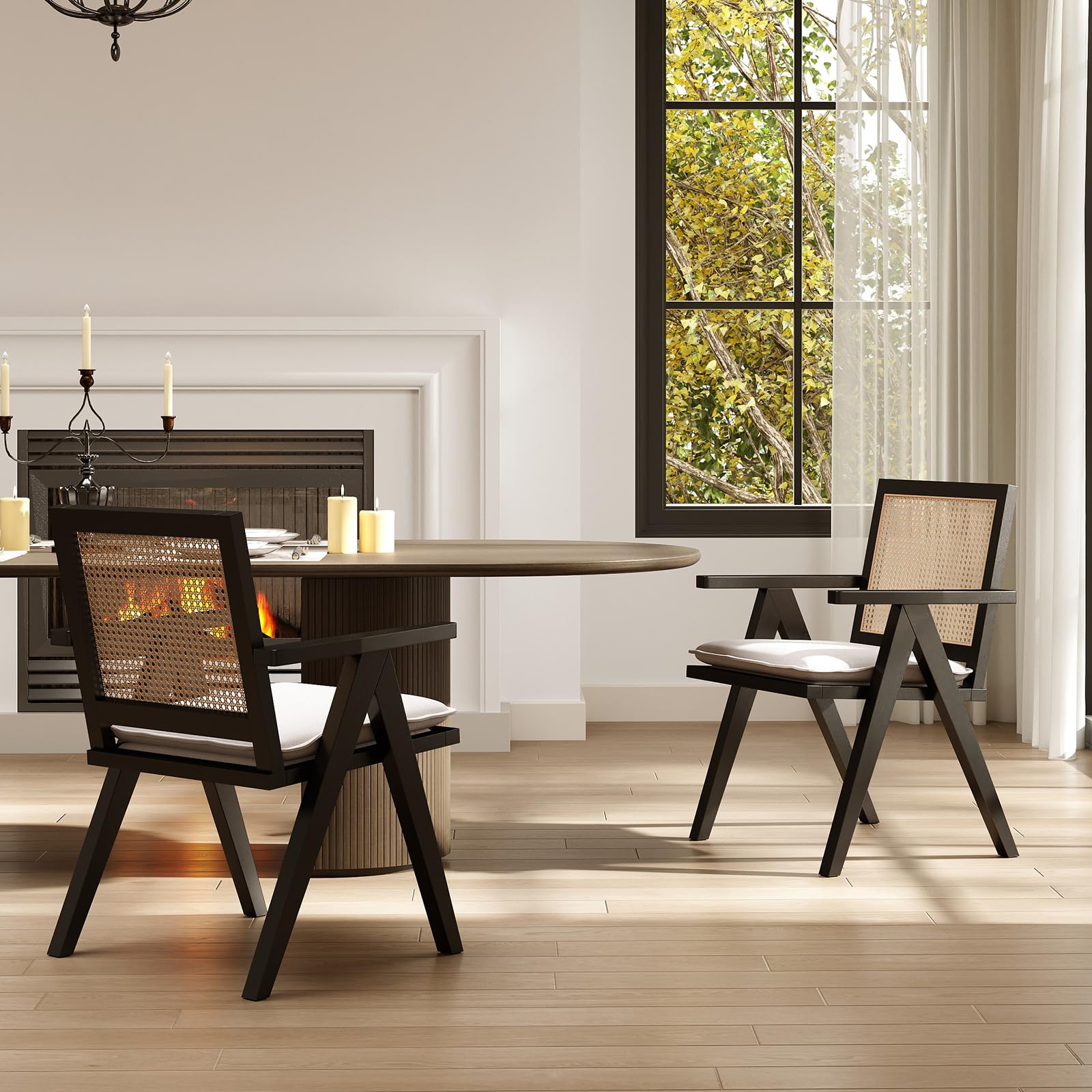 Rattan Dining Chairs Set of 4, Mid Century Modern Dining Room Chairs Wicker Armchair Comfy Side Chair Black Wood Boho Kitchen Cane Side Chairs with Arms for Dining Room Bistro