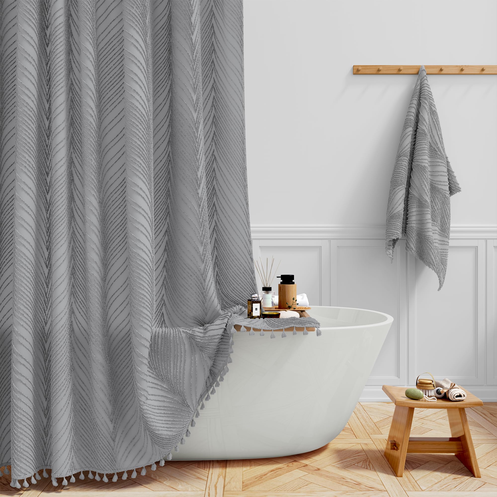 BTTN Stall Boho Shower Curtain - 36x72 Narrow Tufted Leaves Textured Striped Tassel Shower Curtain Set with 6 Hook, Water Repellent, Modern Farmhouse Vintage Fabric Shower Curtains for bathroom, White