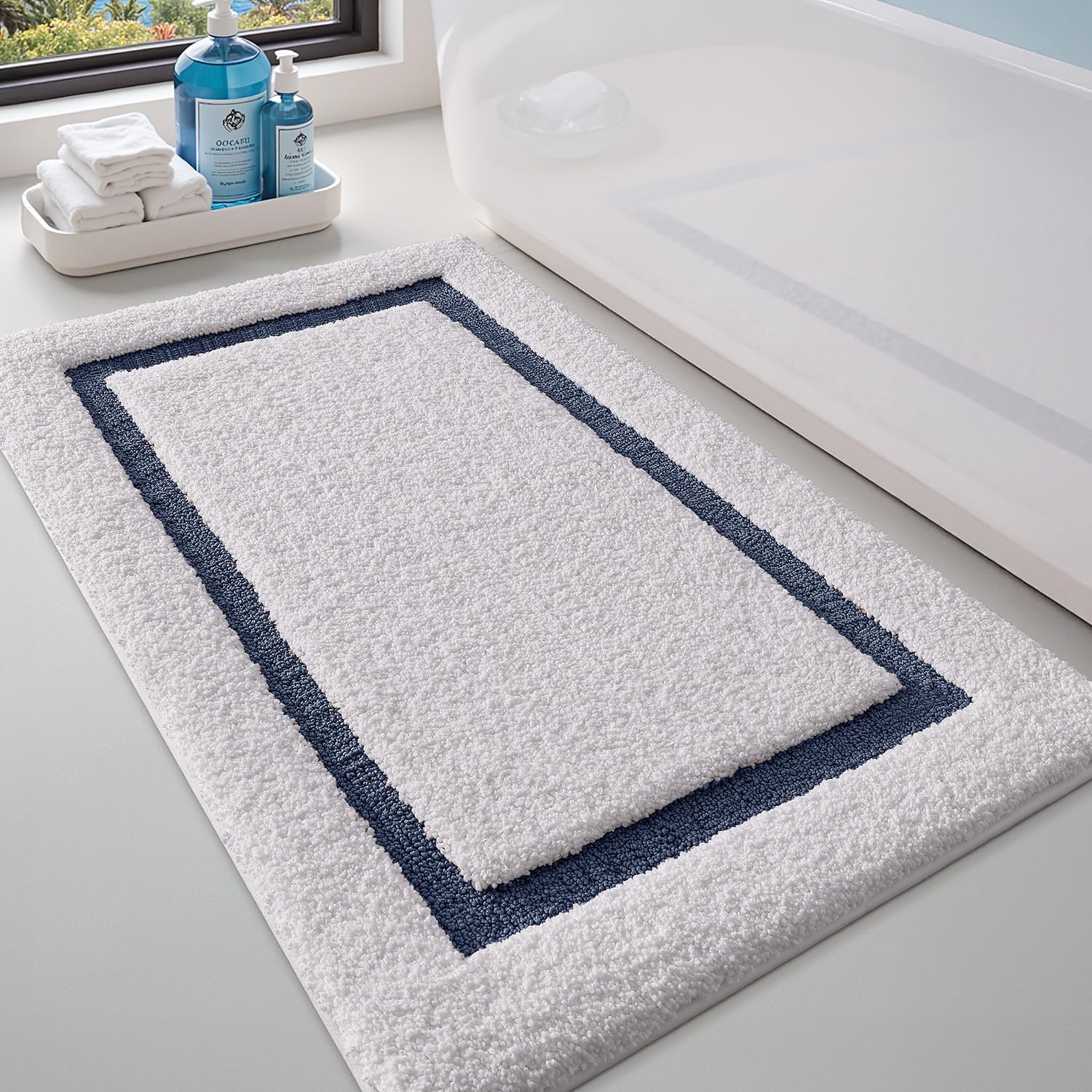 LUMI White Bath Mats for Bathroom, Non Slip Absorbent Soft Bath Rug, Fluffy Washable Classic Bathroom Rugs, Ideal for Floor, Shower Tub, Entryway, 24"x36", White and Beige
