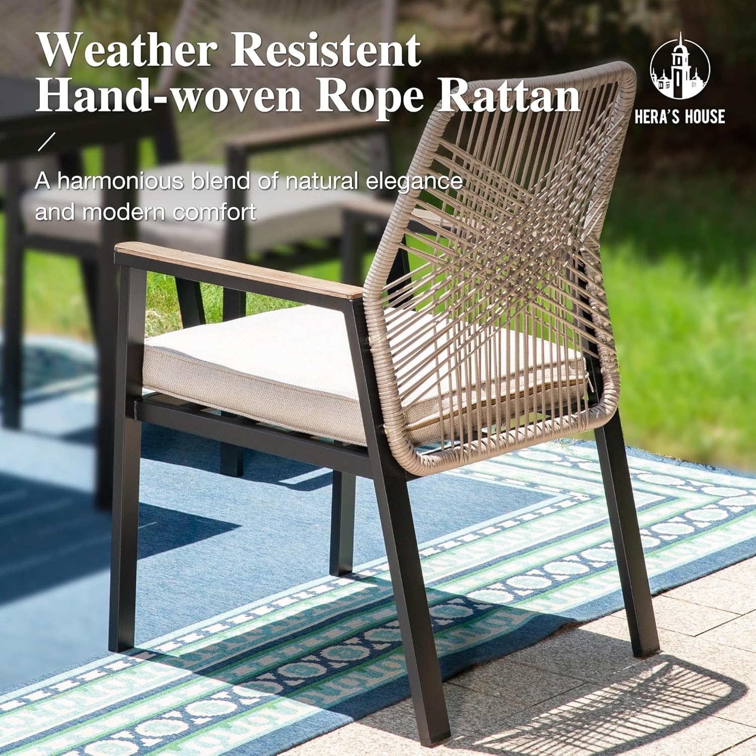 HERA'S HOUSE 7 Pieces Patio Table and Chairs Set, Outdoor Dining Set for 7, 6 x Cushioned Woven Rattan Patio Chairs and 1 x Black Metal Table with Umbrella Hole, Outdoor Rattan Dining Set for Lawn