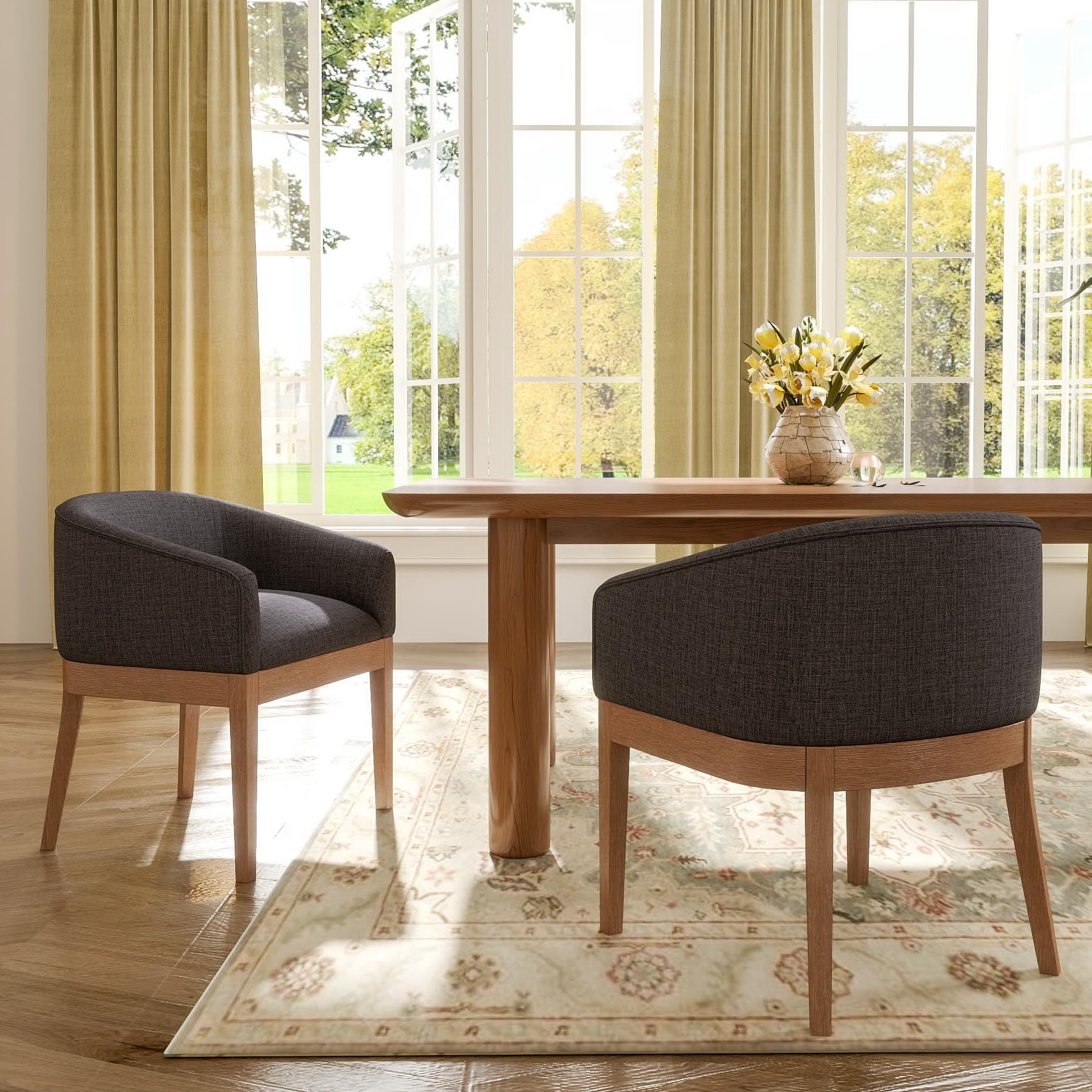 Beige Mid Century Modern Dining Chairs Set of 4, Farmhouse Linen Upholstered Accent Curved Backrest Kitchen Chairs Armchairs with Natural Wood Legs, Beige