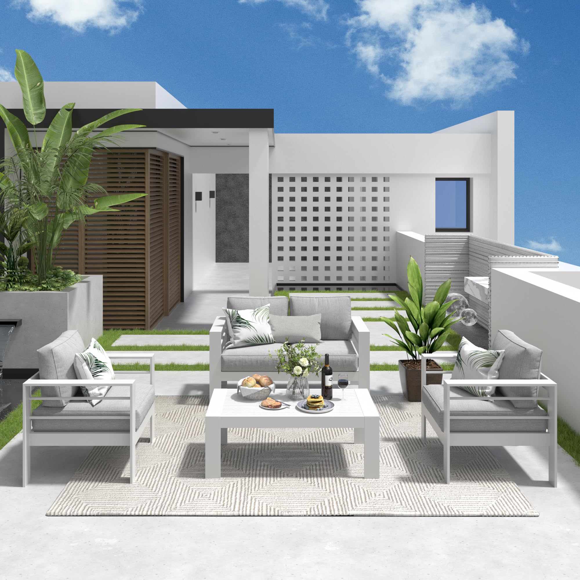 Solaste Aluminum Patio Furniture Set, 5 Seats Modern Outdoor Conversation Set Sectional Sofa with Upgrade Cushion and Coffee Table,Black Frame and Grey Cushion