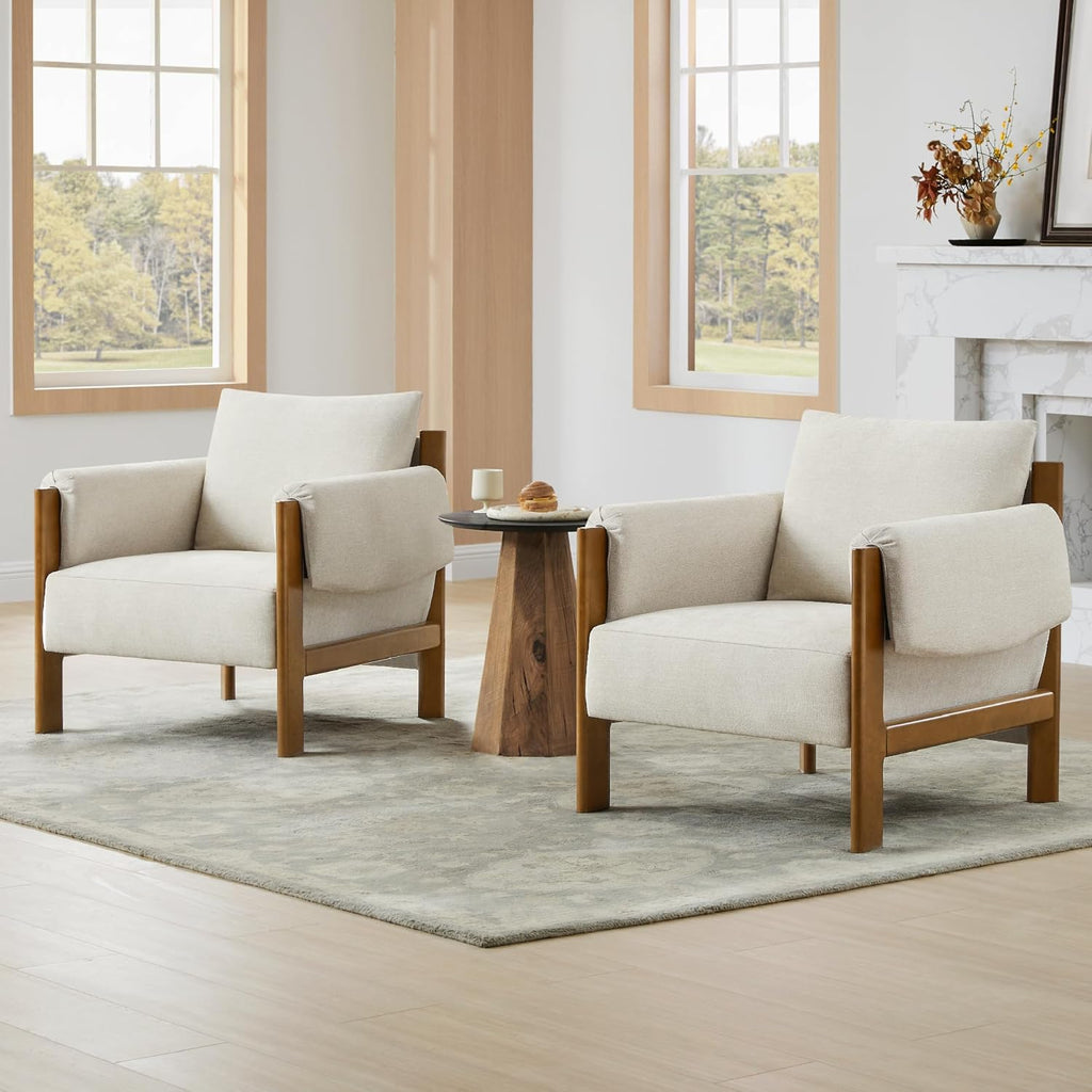 CHITA Accent Chair Set of 2, Mid Century Modern Fabric Upholstery Armchair for Living Room, Solid Wood Frame, Fabric in Linen