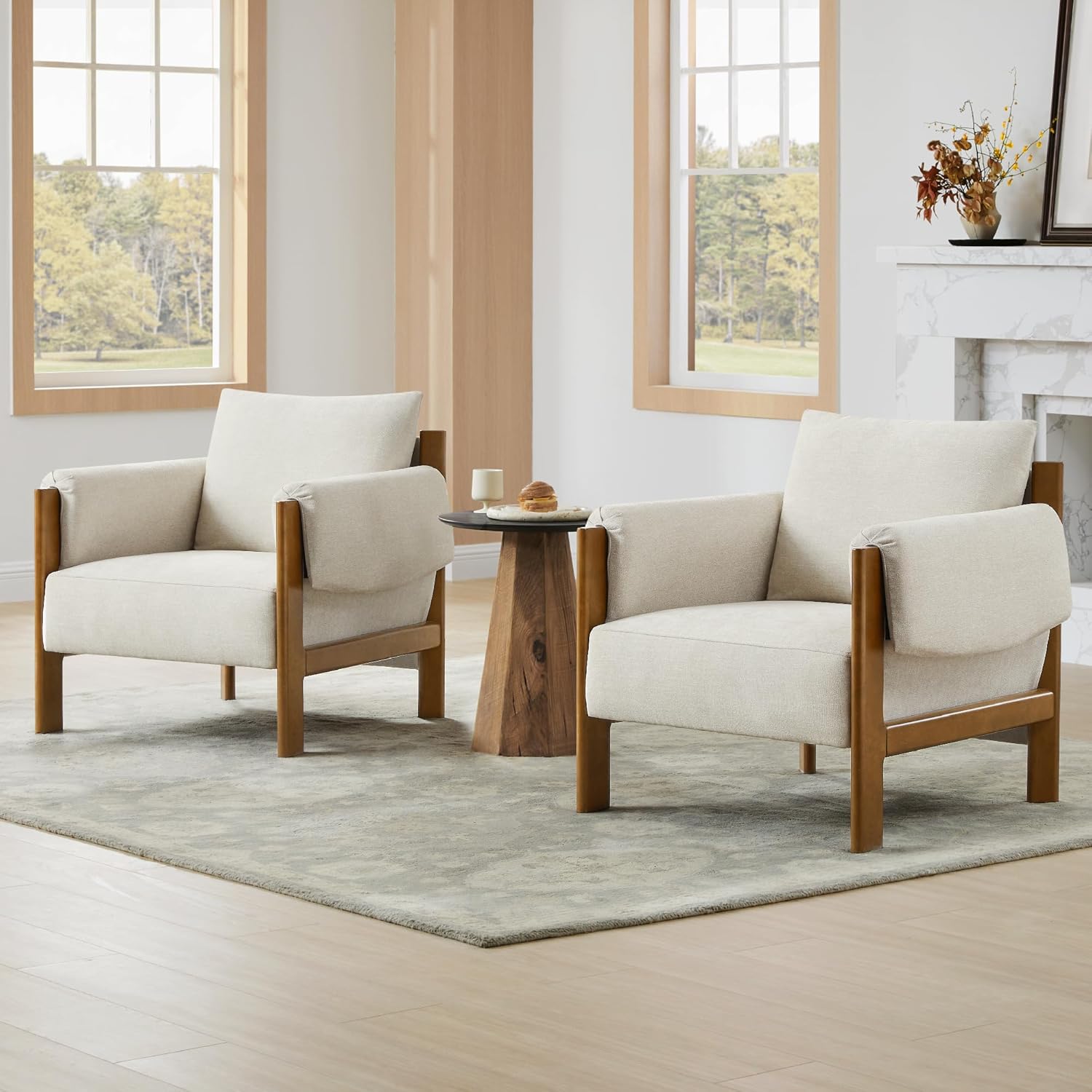 CHITA Accent Chair Set of 2, Mid Century Modern Fabric Upholstery Armchair for Living Room, Solid Wood Frame, Fabric in Linen