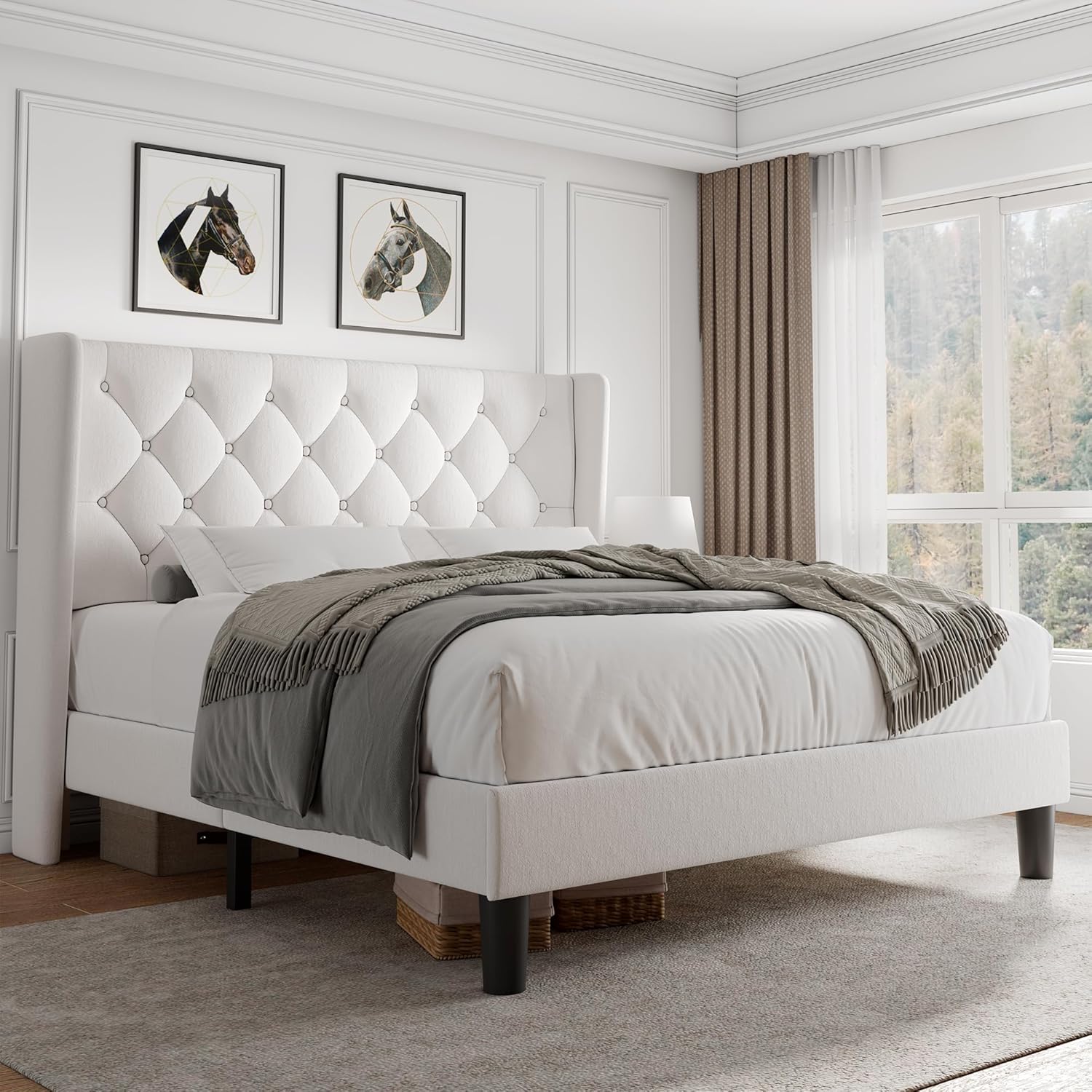 iPormis Full Size Velvet Platform Bed Frame with Button Tufted Headboard, Upholstered Bed Frame with Solid Wooden Slats, 8" Underbed Space, No Box Spring Needed, Noise Free, Easy Assembly, White