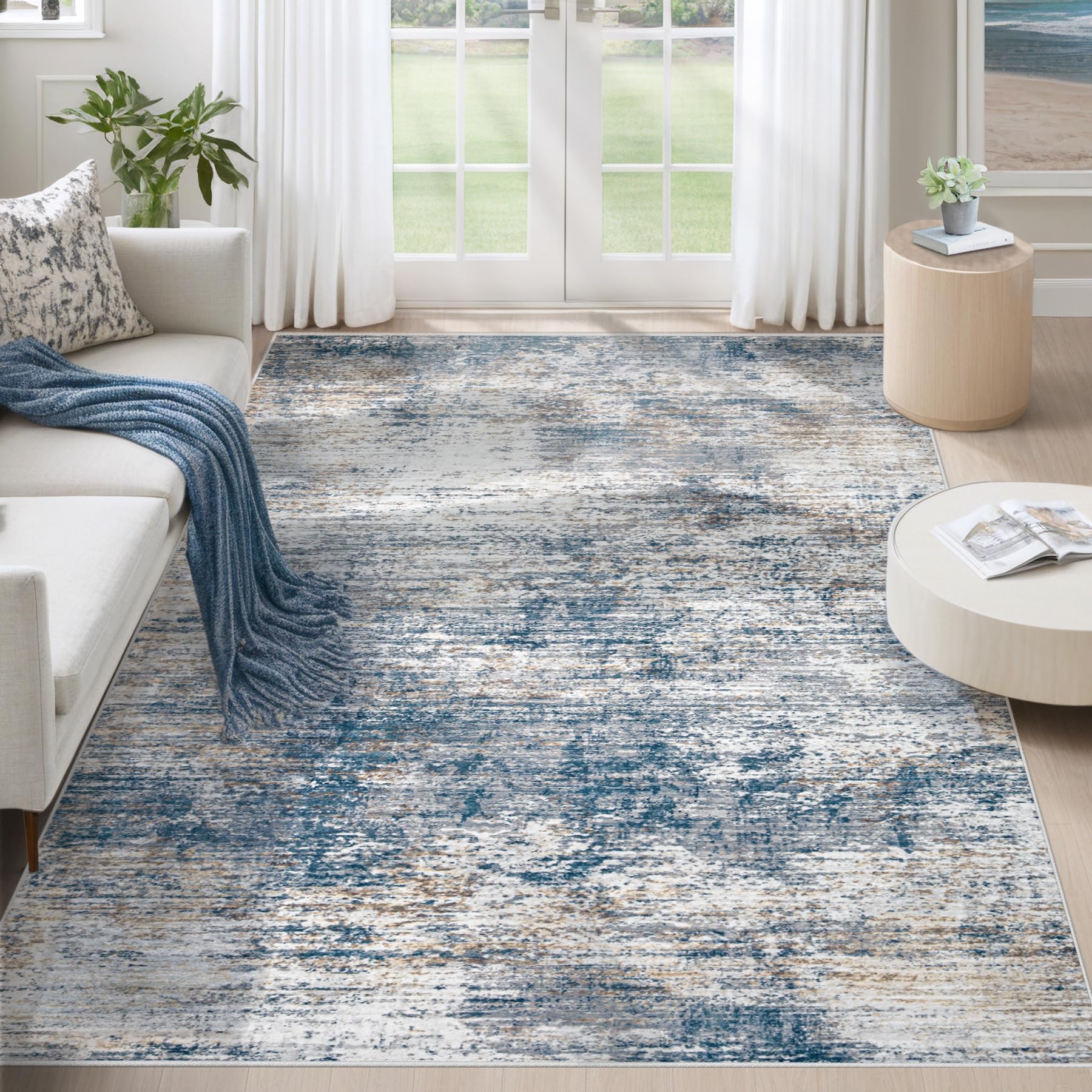 8x10 Area Rugs for Living Room, Washable Modern Abstract Large Area Rug Neutral Soft Non Slip Kids Rug Stain Resistant Indoor Carpet for Bedroom Nursery Dining Room Playroom Home Office(Blue, 8'x10')